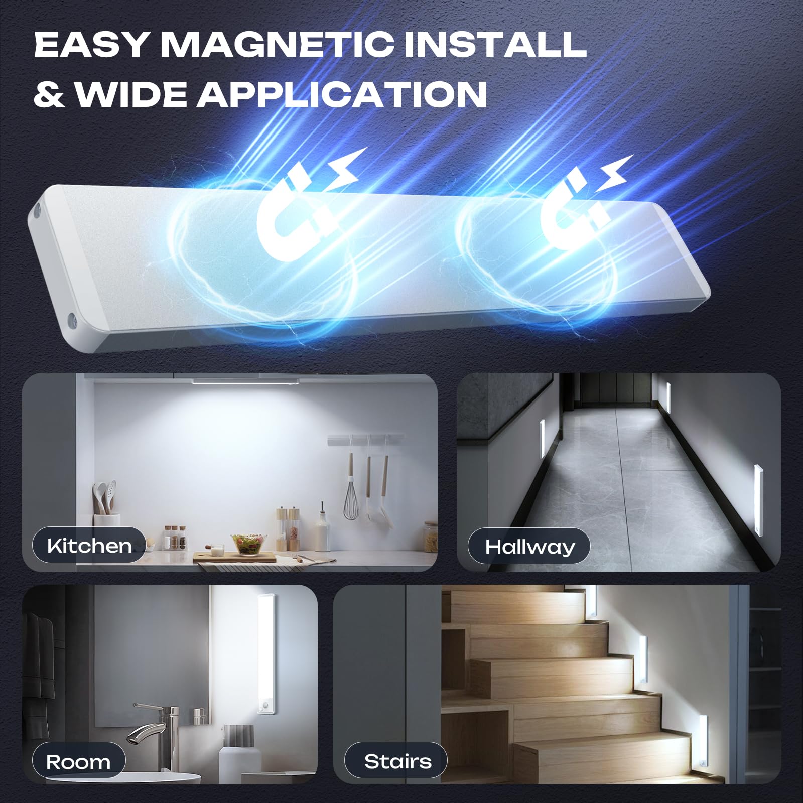 LUMIJOLI 2 Pack LED Motion Sensor Under Cabinet Lights, 14 Inch, Cool White, Rechargeable, Magnetic, Model UCL-CM-CGD35-01