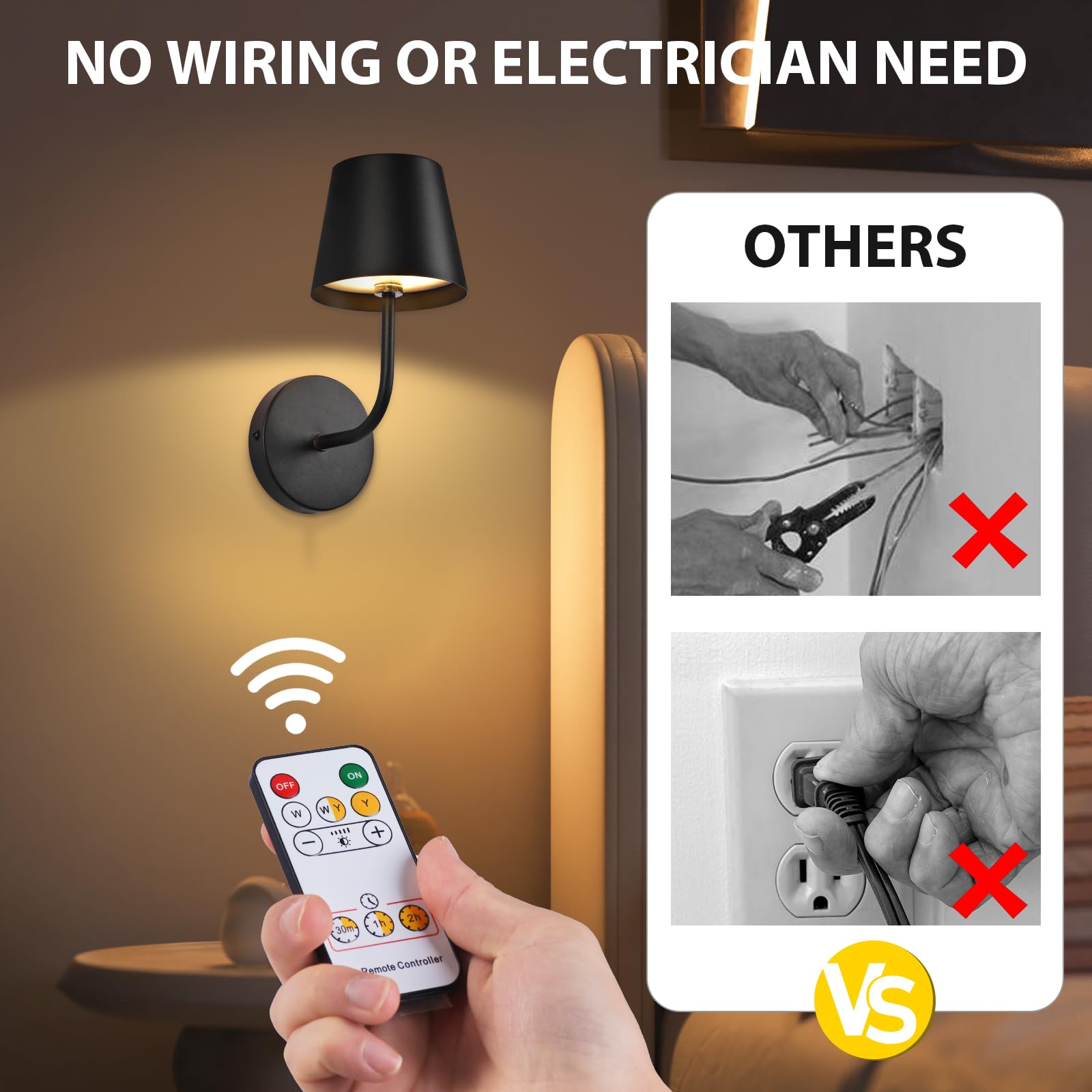 IMQSQIK LED Wireless Wall Lamp Set of 2, Rechargeable, Touch Control, Black, Model RQ-14-2Pack