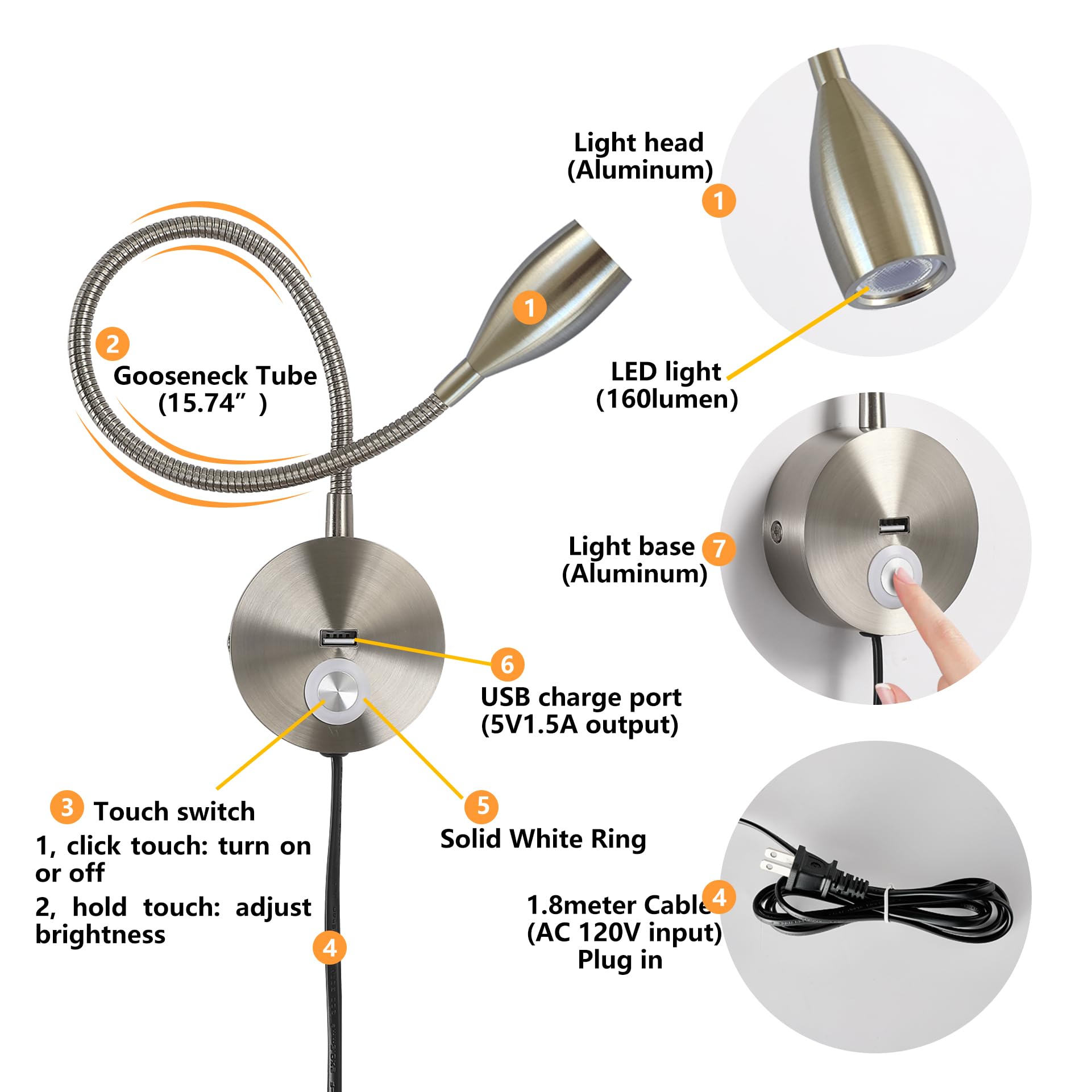 Crisetek Reading Light Wall Mounted Reading Light Headboard Touch Switch Dimmable Reading Lamp Task Directional Led Gooseneck Light Ac (120V) Powered 3W (Brushed Nickel, Warm White)
