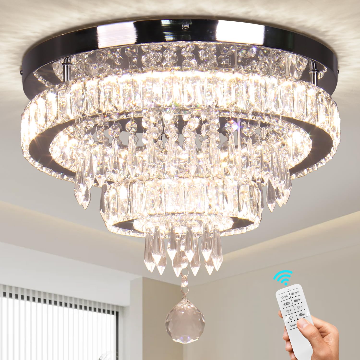 Finktonglan 16'' Crystal Ceiling Light, Modern Crystal Chandeliers with Remote Control, LED 2 Rings Flush Mount Ceiling Light Fi