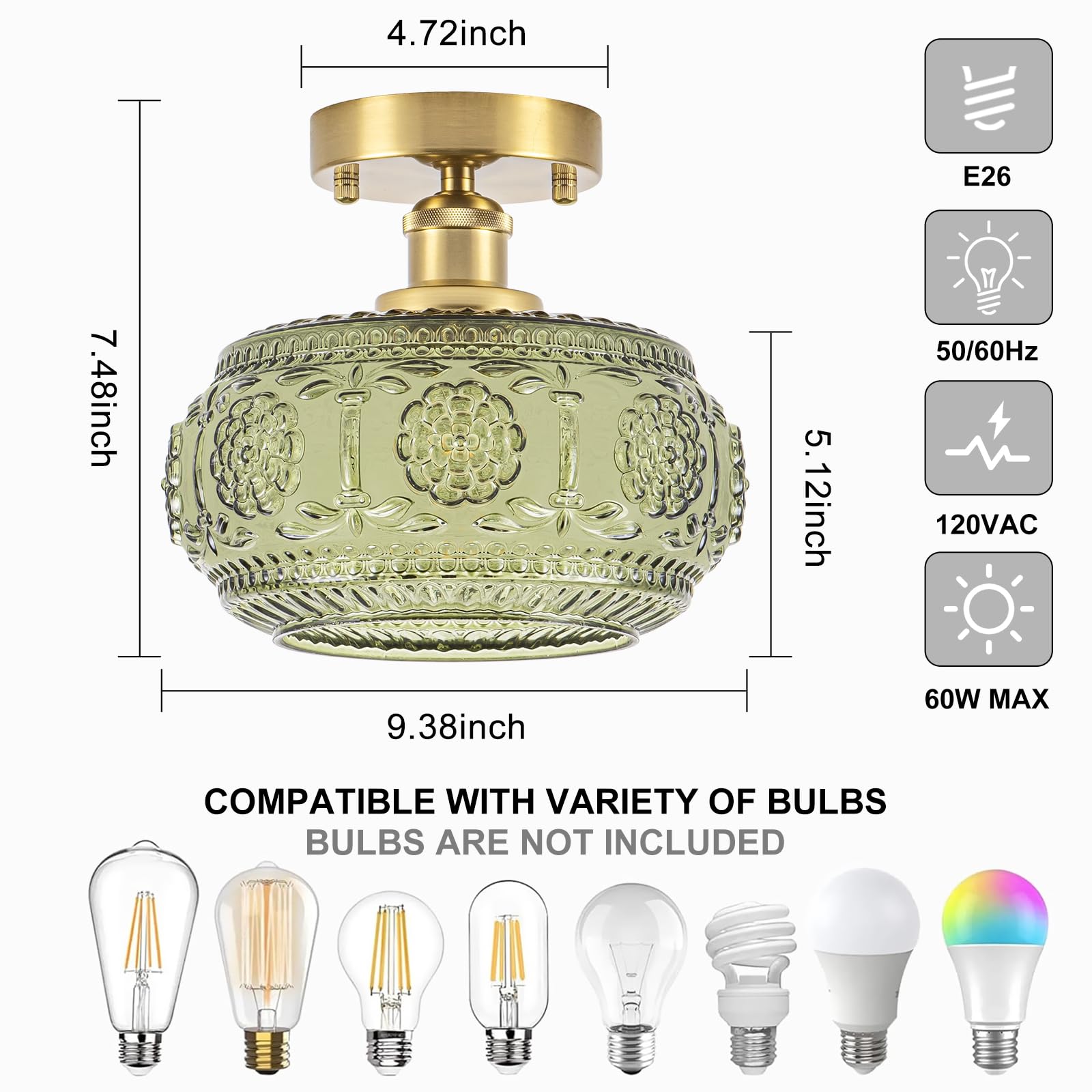 Tbaoinla Semi Flush Mount Ceiling Light Fixture - Brass & Gold Floral Design  Green Glass Shade  Vintage Modern Lighting For Kitchen  Bathroom  Entryway (Bulb Not Included)