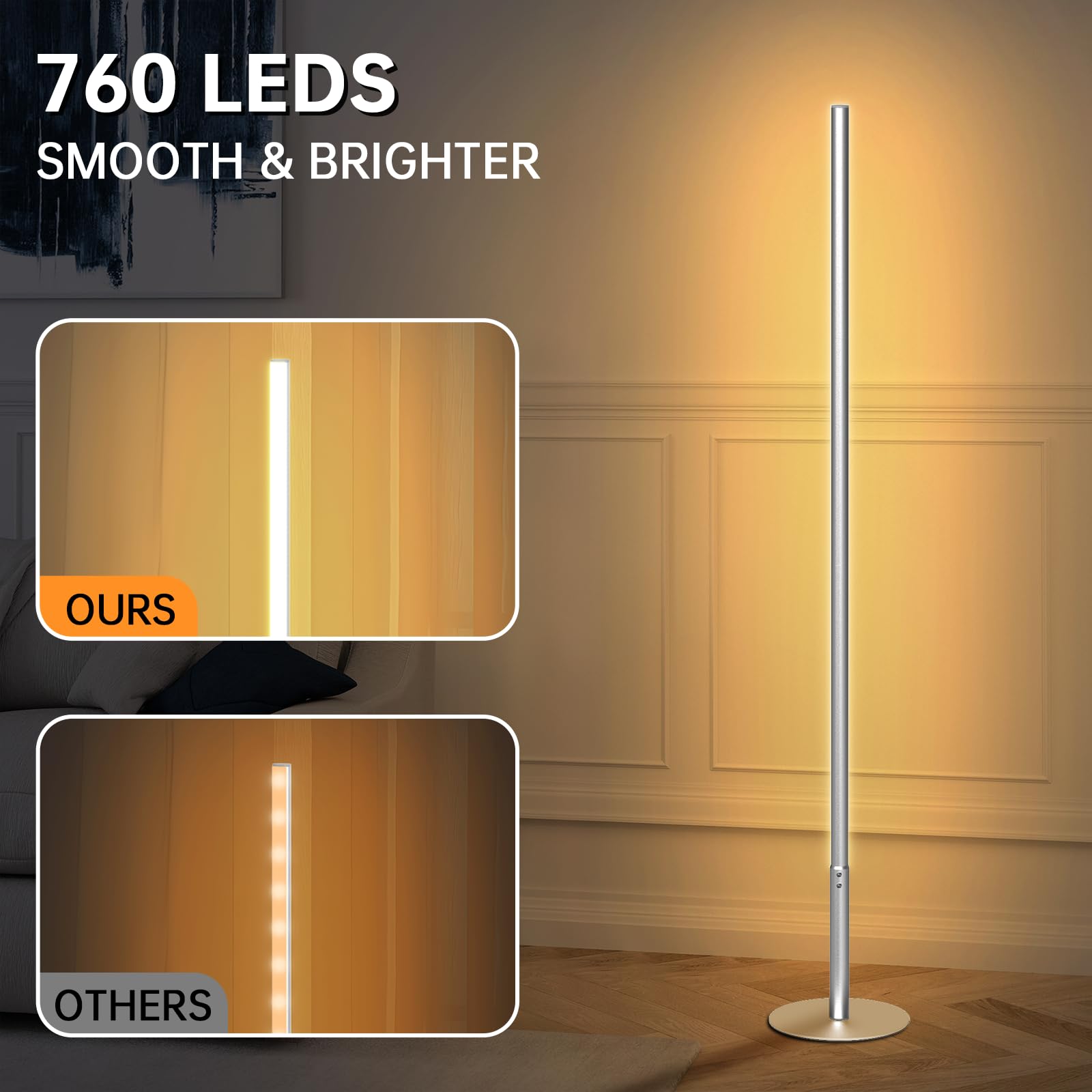 Marlrin Minimalist Corner Floor Lamp 2-Pack, 57" Dimmable LED Light, Remote Control, Silver, Model RTL113
