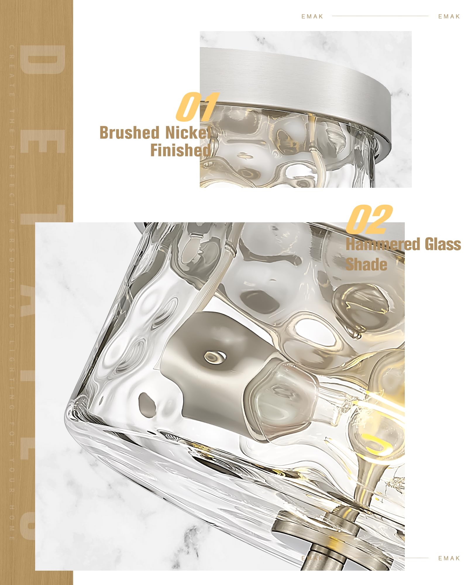 Emak 11&quot; Brushed Nickel Flush Mount Light Fixture With Hammered Glass Shade, 2-Light Ceiling Light