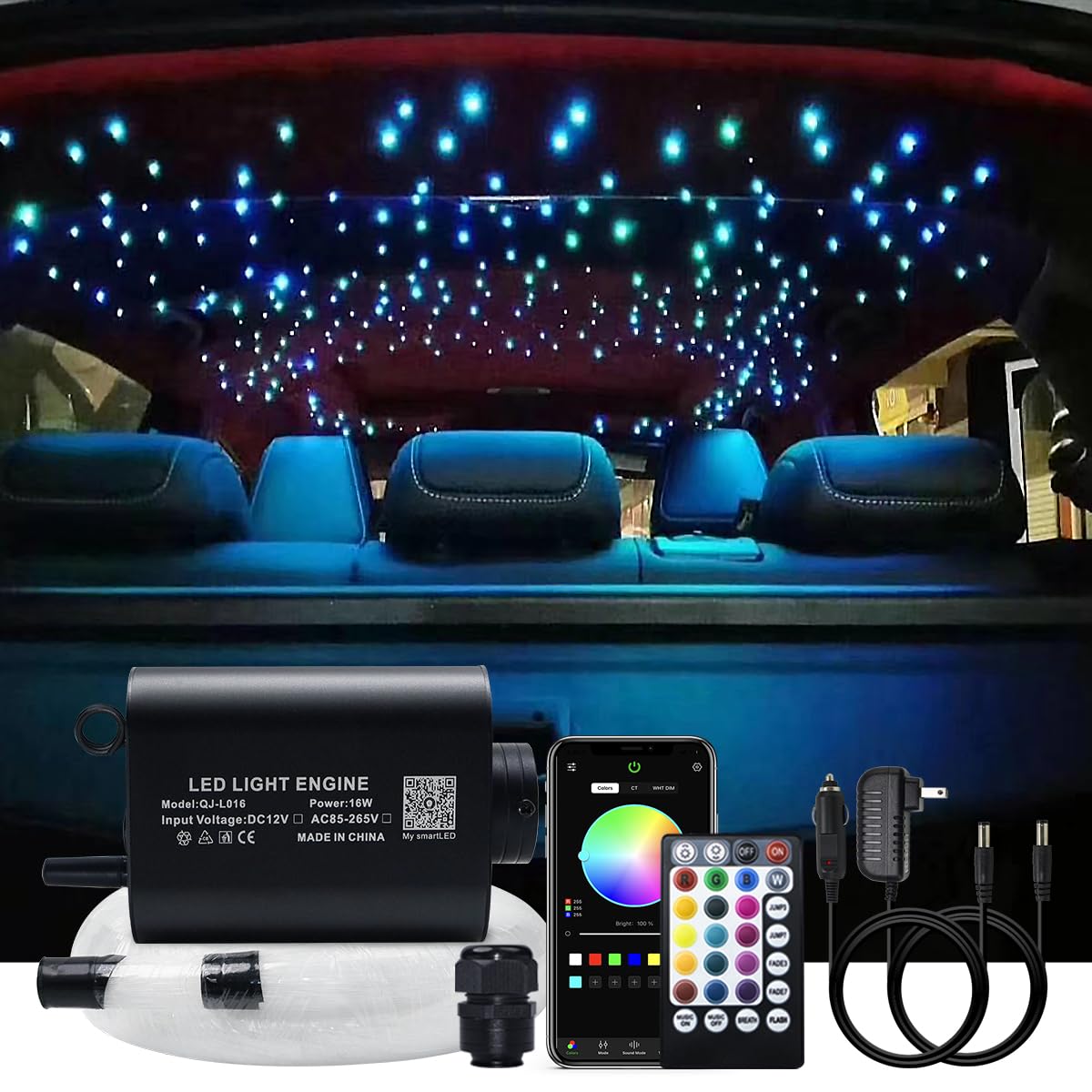 AKEPO 16W Car Home RGBW APP+Music Control Fiber Optic Lights Star Ceiling Light Kit, 28key RF Musical Remote with Sound Sensor L
