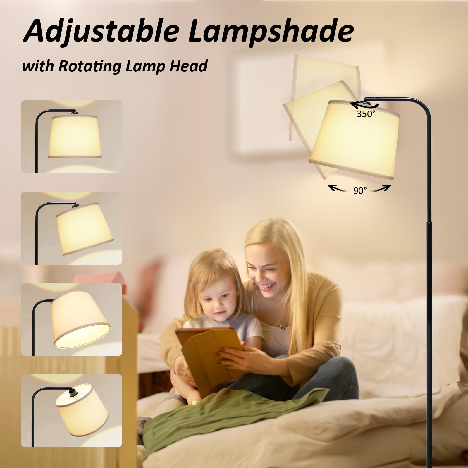 AKASUKI Floor Lamp with 3 Color Temperatures, 9W LED Bulb, Black Base-White Shade, Model LT-1125, for Living Room/Bedroom/Office