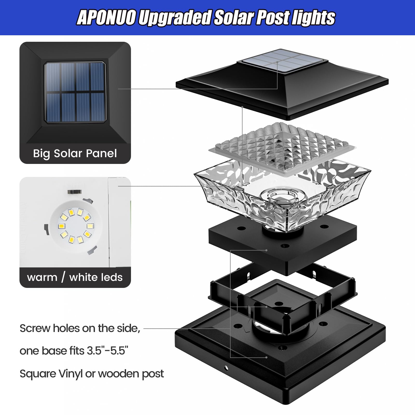 Aponuo Solar Post Cap Lights,Deck Post Lights Solar Powered 2 Color Mode Outdoor Waterproof For Fence Post Caps 4X4,6X6 Wood&4X4