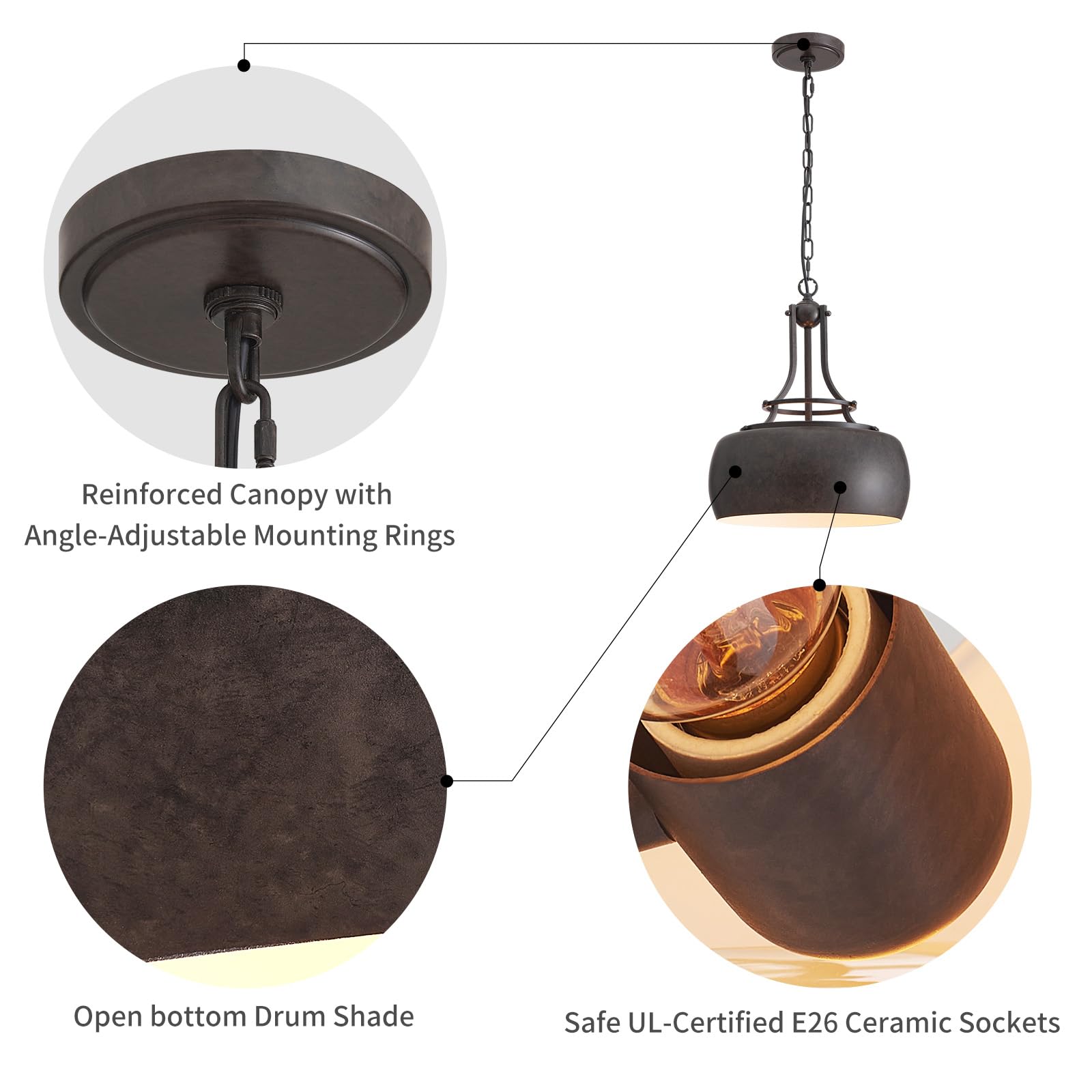 WUZUPS Rustic Farmhouse Industrial Pendant Light Fixture, Metal, 15.7inH x 13.4inW, Distressed Rust, Model USHD9607-3-M-R