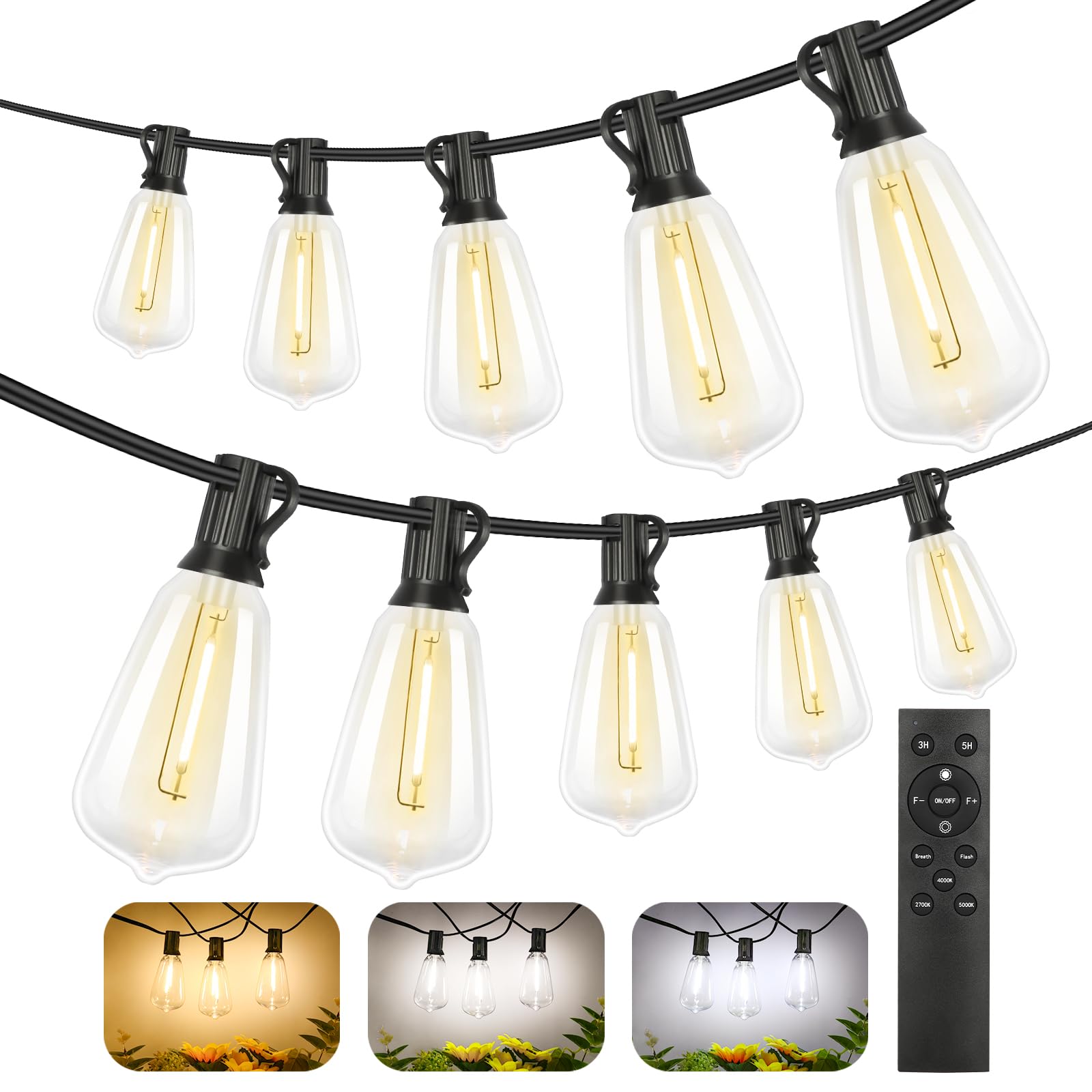 Brightever Outdoor String Lights, 200FT, 2700K/4000K/5000K, Black Wire, 100+4 ST38 Edison Bulbs, Waterproof, Model