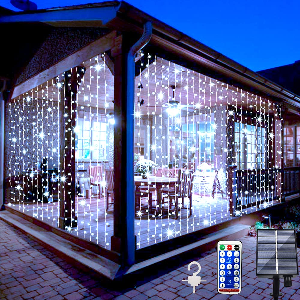 Whywhife Solar Curtain Lights 300 LED Fairy String Lights Waterproof Remote Control for Outdoor Garden, 1 Pack, White