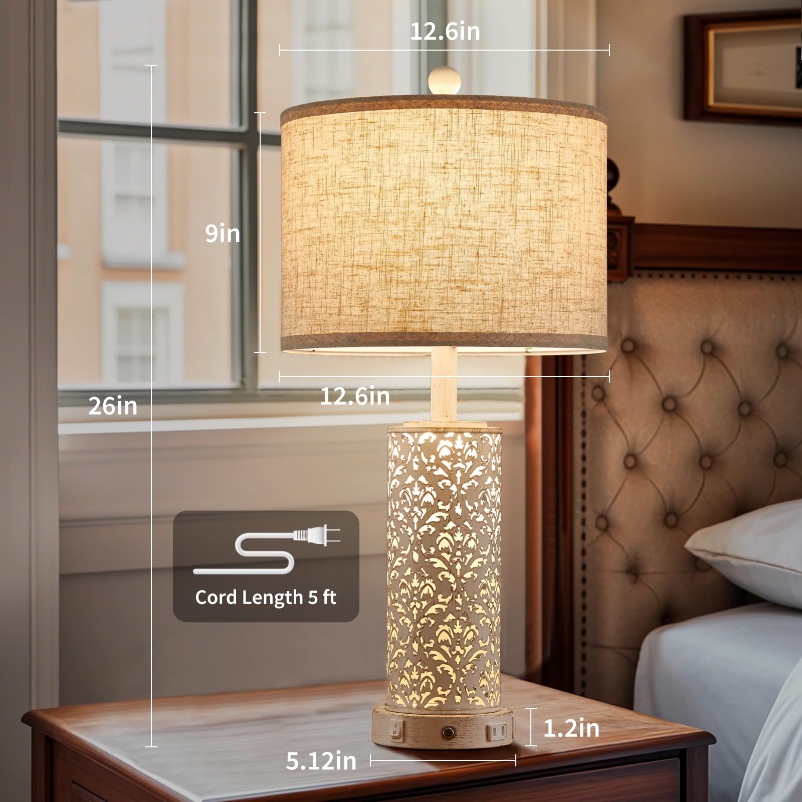 SAIWEYA 26  Farmhouse Table Lamp Dual Light, 3-Way Dimmable Touch Lamps, Rustic Nightstand Bedside Lamps with 2 USB Ports + AC O