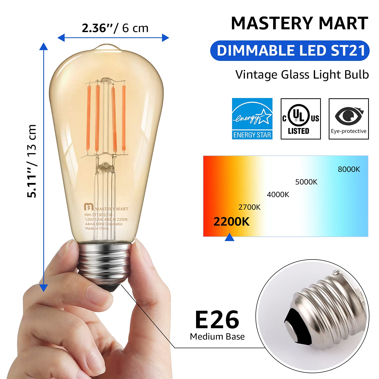 MASTERY MART Dimmable Vintage E26 LED Light Bulb, 5.5W, 2200K Warm White, Glass ST21, 500LM, 6 Pack
