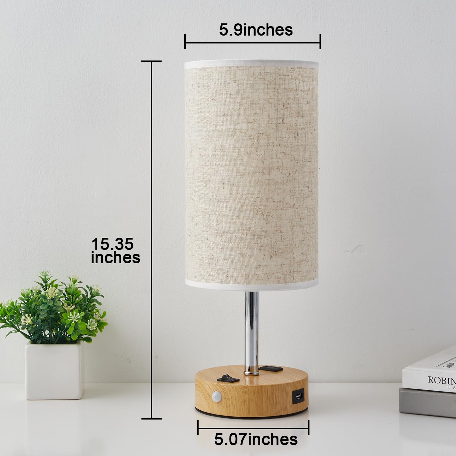 lifeholder Motion Sensor USB Lamp with LED Bulb, Fabric Shade, 1 USB & 1 Type C Port, Beige, Model LH-T39-MWYM