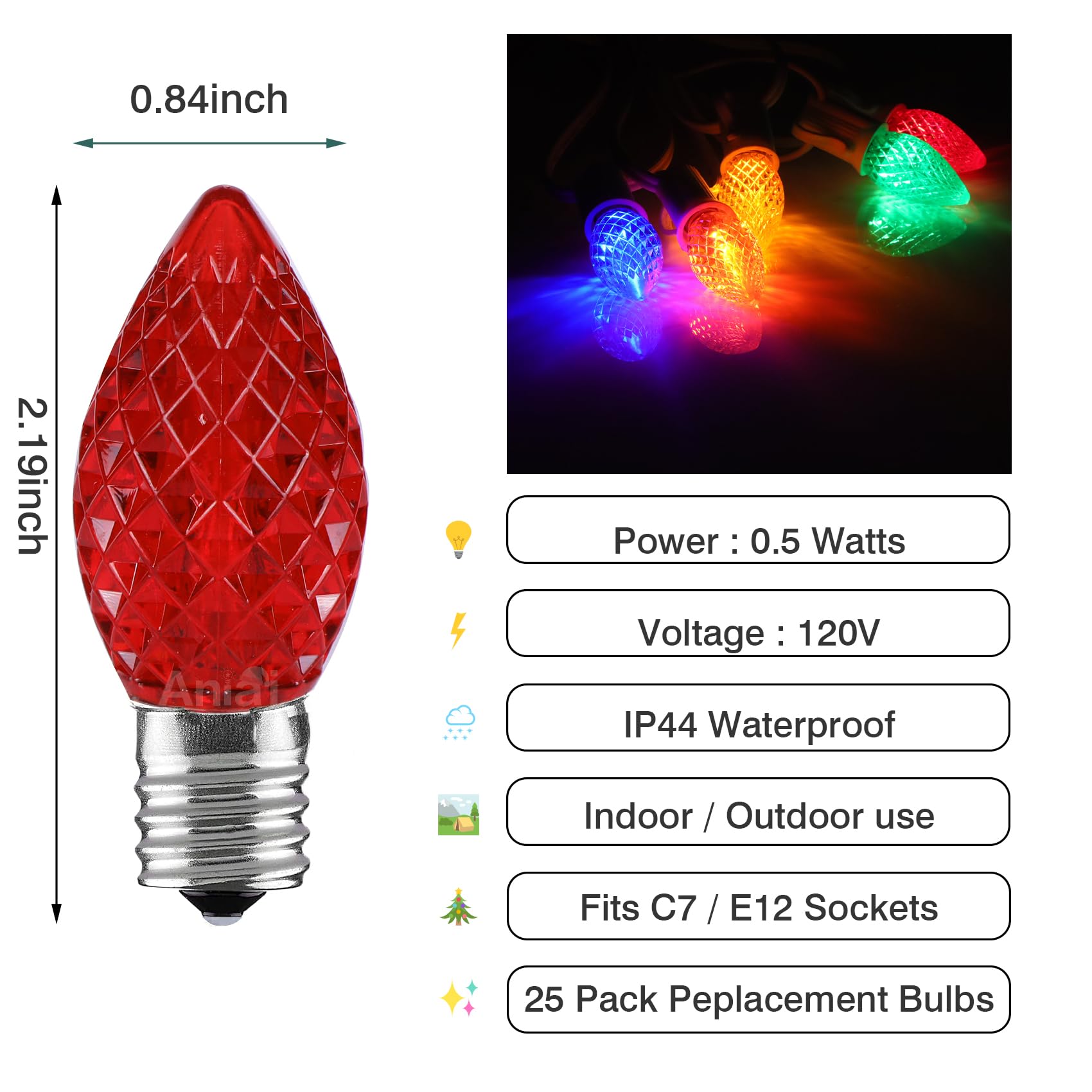 Aniai C7 LED Christmas Light Bulbs - 25 Count Multicolored Replacement Bulbs with E12 Base for Outdoor String Lights