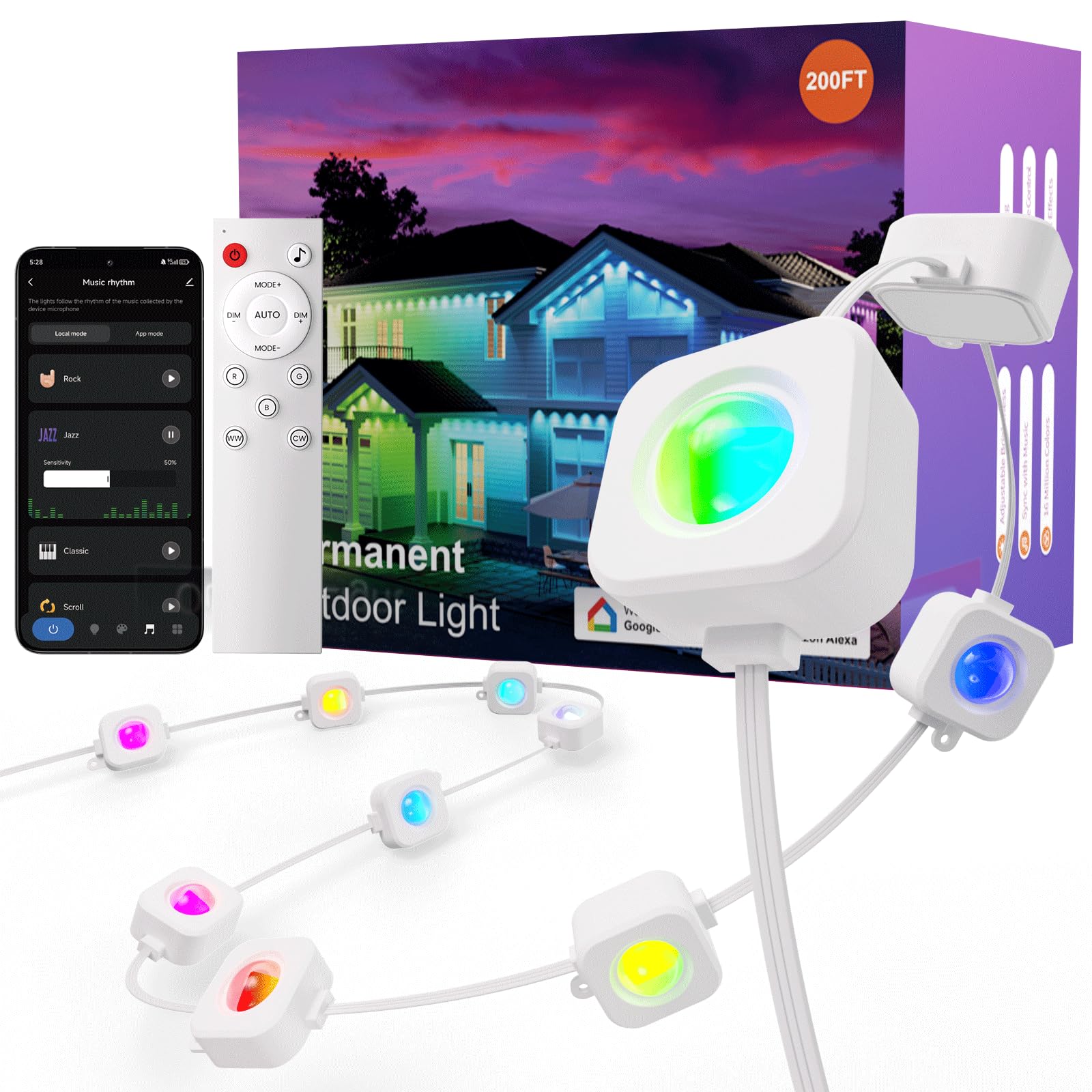 Fitop RGB Smart LED Eaves Lights, 200FT, Waterproof, Music Sync, Multicolor, Compatible with Alexa/Google