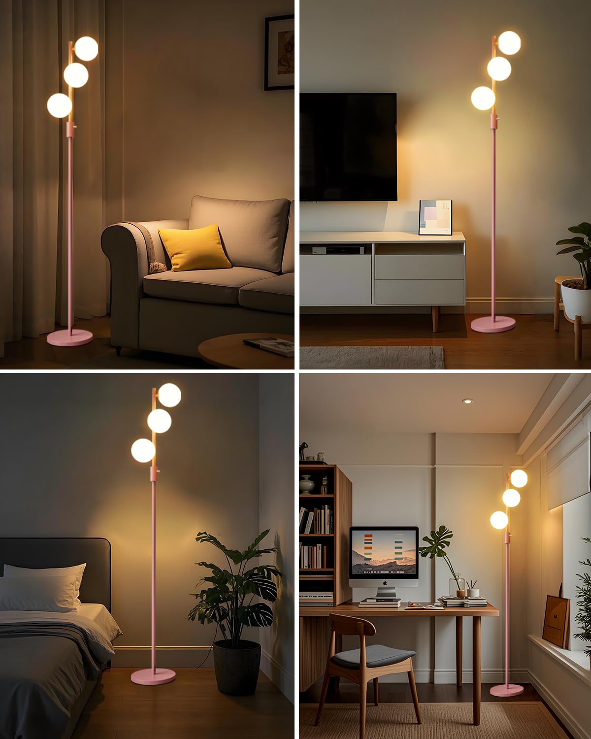Acohook 64In Dimmable Pink Floor Lamp, Tall Standing Lamps With 3 Globe Soft Warm White Eye Care 3000K G9 Bulbs, Mid Century Mod