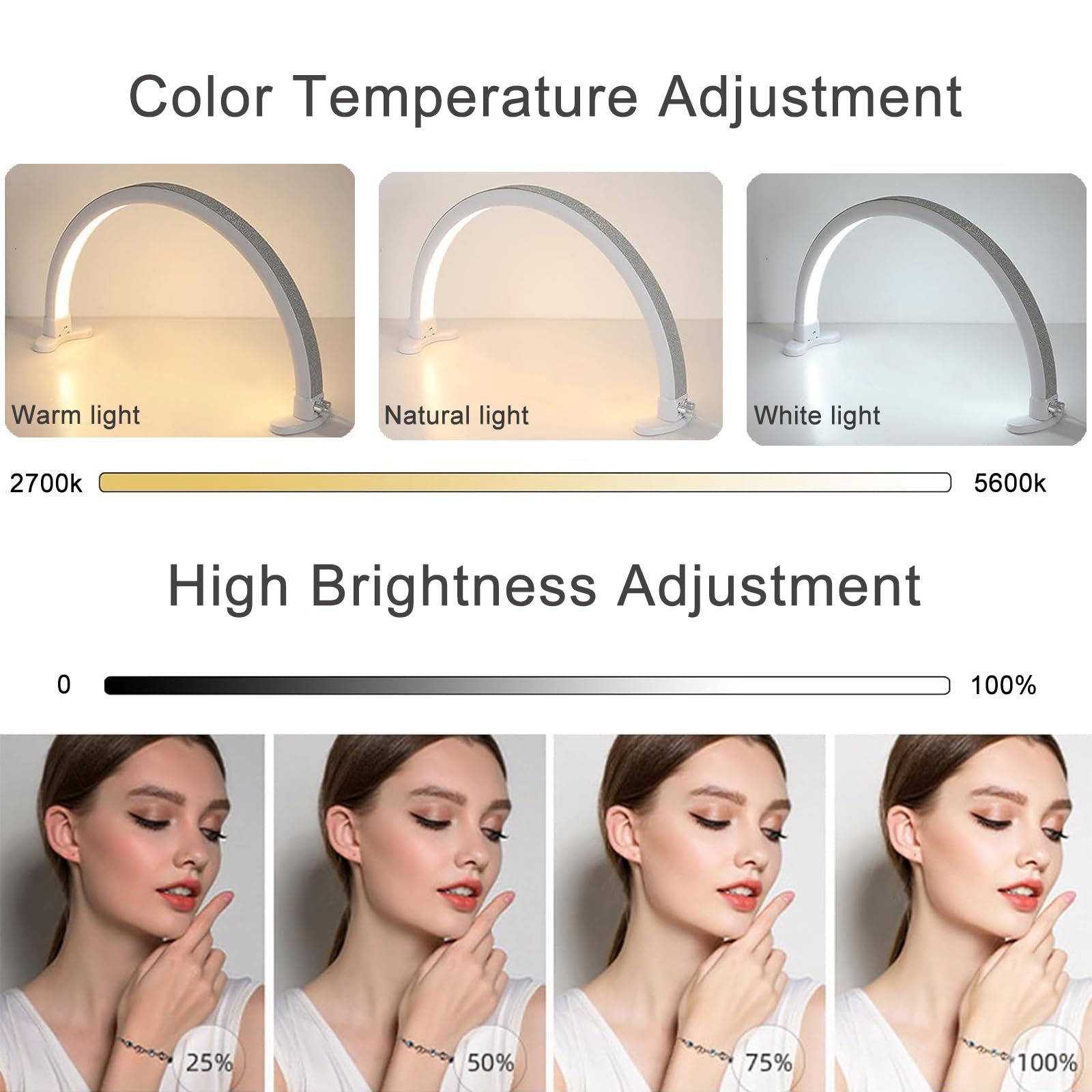 Ciyebst Half Moon Light Nail Desk Lamp, 48W, Large, Stepless Dimming, White, Model HF for Eyelash, Makeup, Tattoo, Spa, Salon