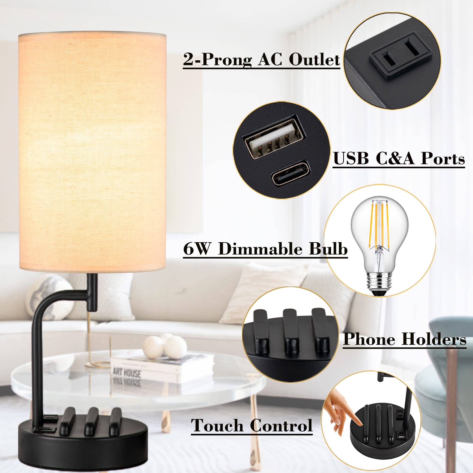 Dreamholder Touch Control Usb Table Lamp, Upgraded 3-Way Dimmable Bedside Desk Lamp With Usb C & A Charging Ports And Ac Outlet,
