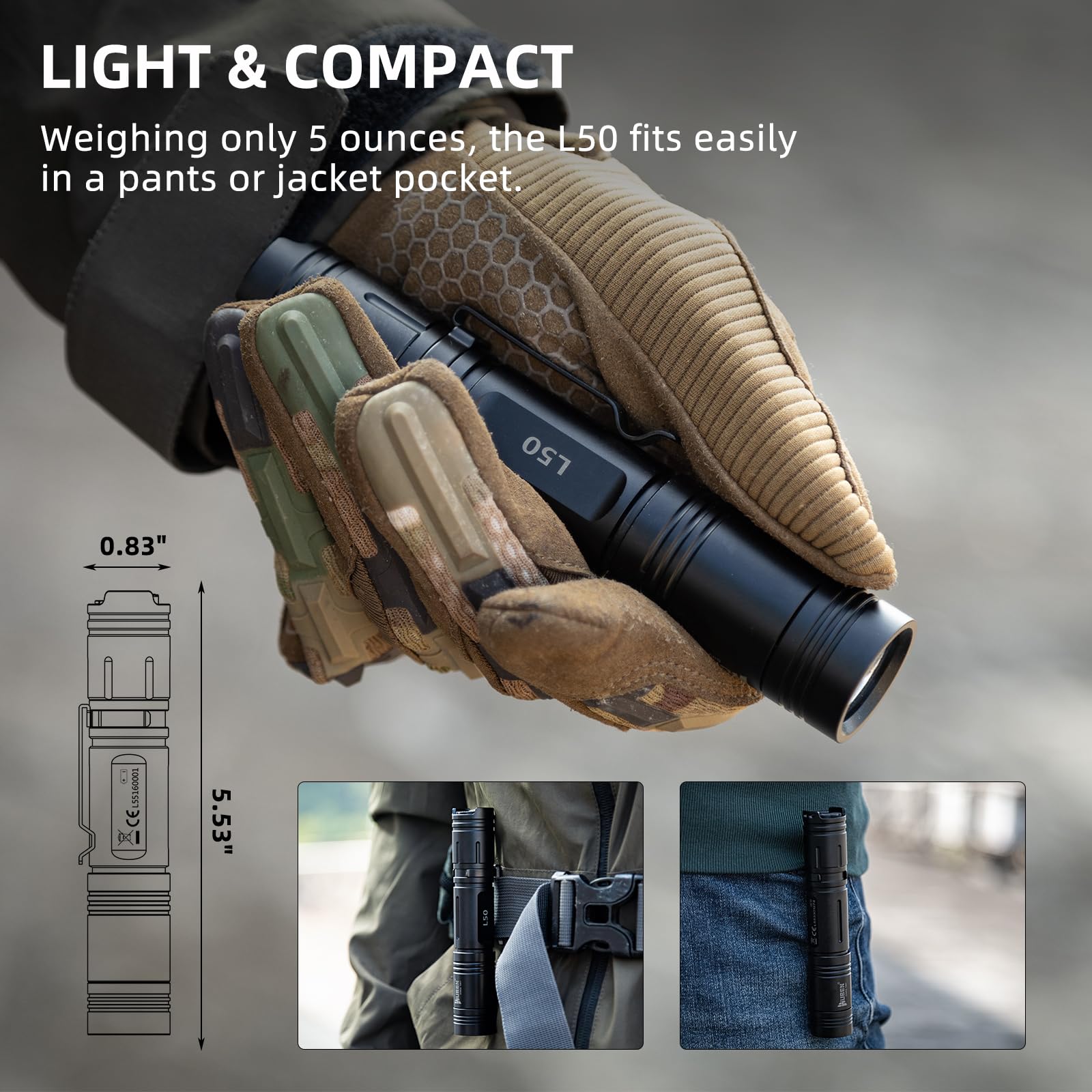 WUBEN L50 Rechargeable Flashlight, 1200 Lumens, 5 Modes, IP68 Waterproof, Black Aluminum, Tactical EDC Light