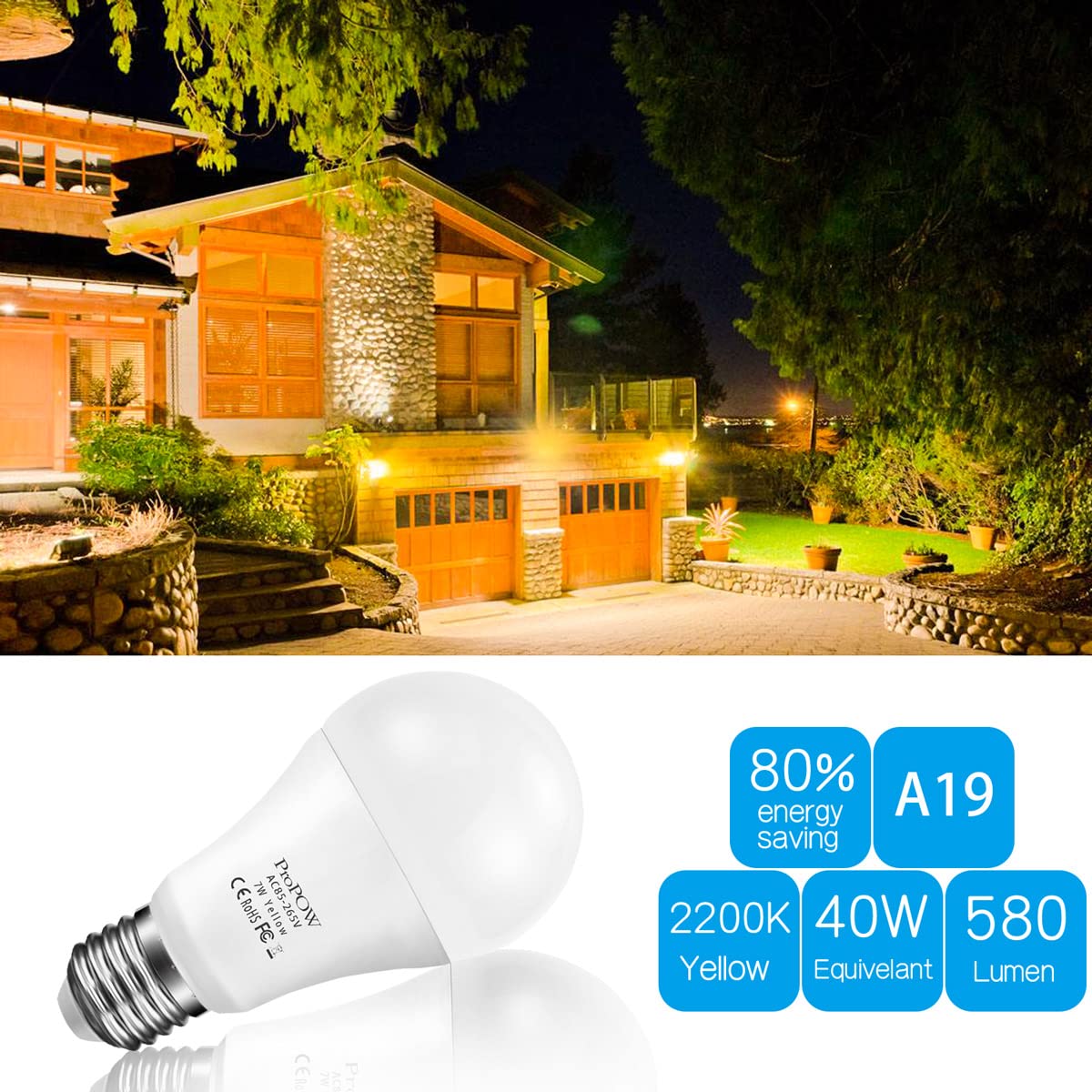 ProPOW Amber Yellow LED Light Bulb, 7W Dusk to Dawn, 40W Equivalent, A19, E26, 580 Lumens, 2 Pack