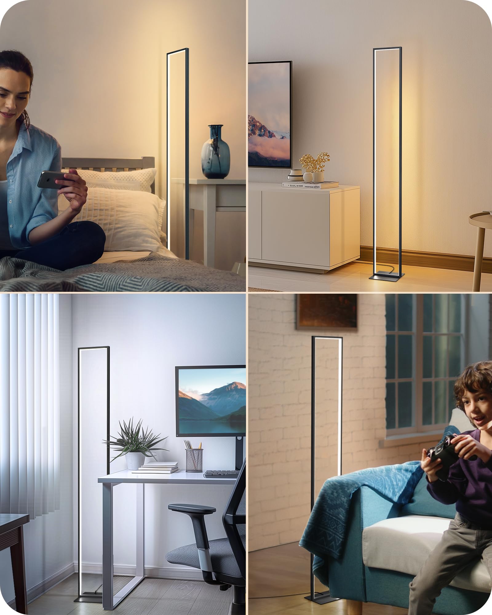 EDISHINE LED Floor Lamp, 55" Modern Dimmable Corner Light, Remote & Foot Switch, Black, Aluminum, Model HFLCD1B