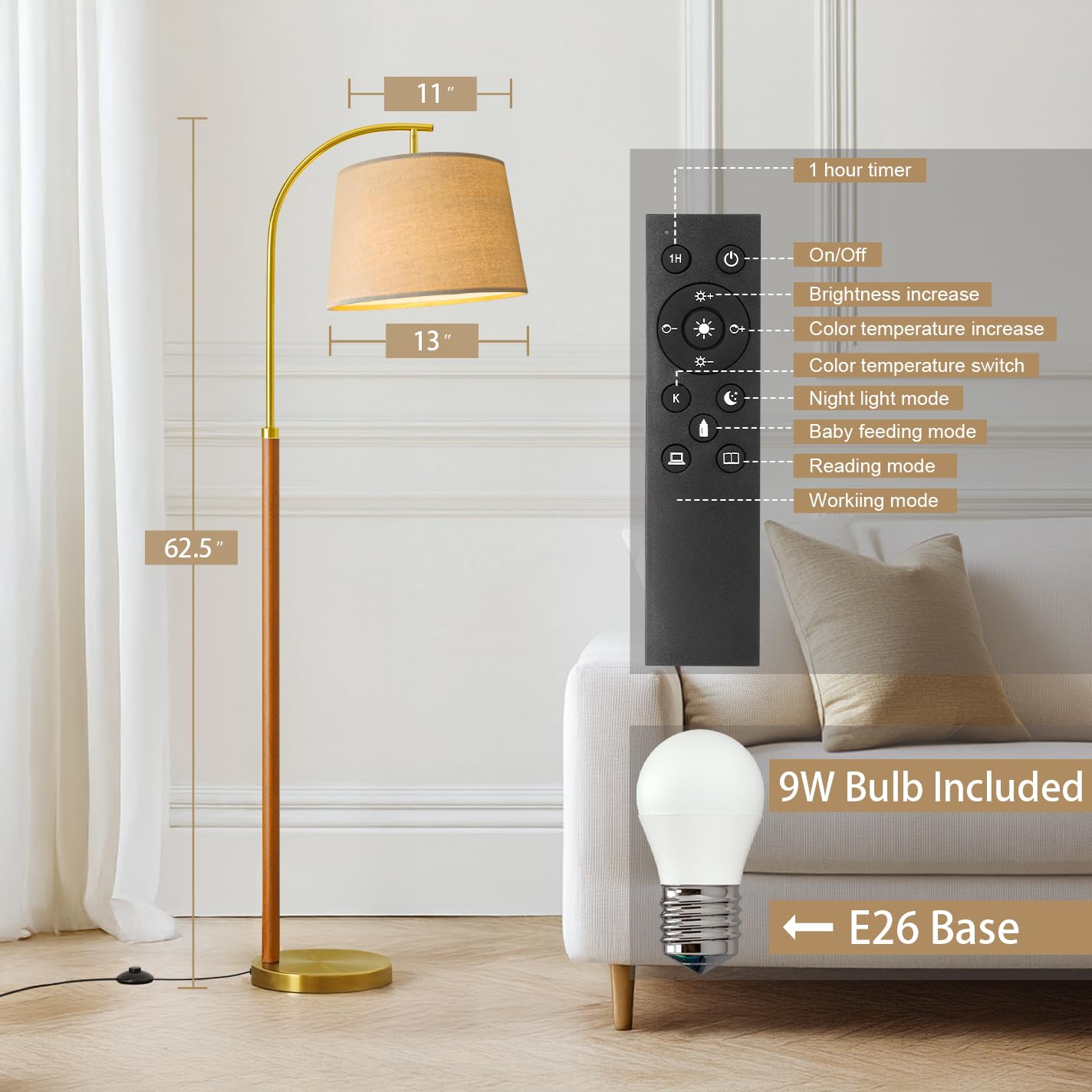 G-SAFAVA 62.5" Gold Arc Floor Lamp - Dimmable, Remote Control, Wood & Iron, Model 1169, Modern Design for Living Room & Office