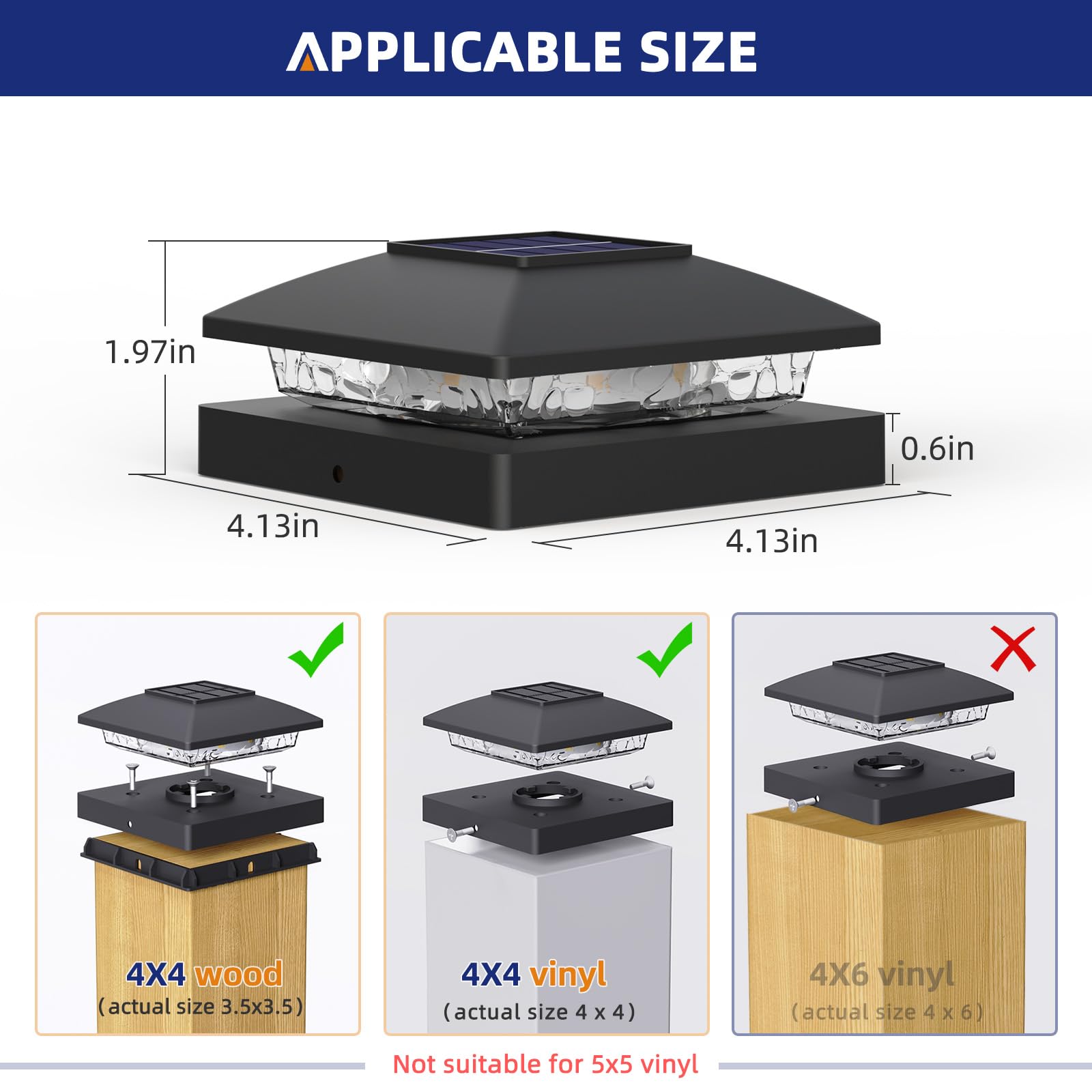 APONUO Solar Post Cap Lights, Black, 8 Pack, Warm White LED, IP64 Waterproof, Model TZ10W, for Deck, Fence, and Patio