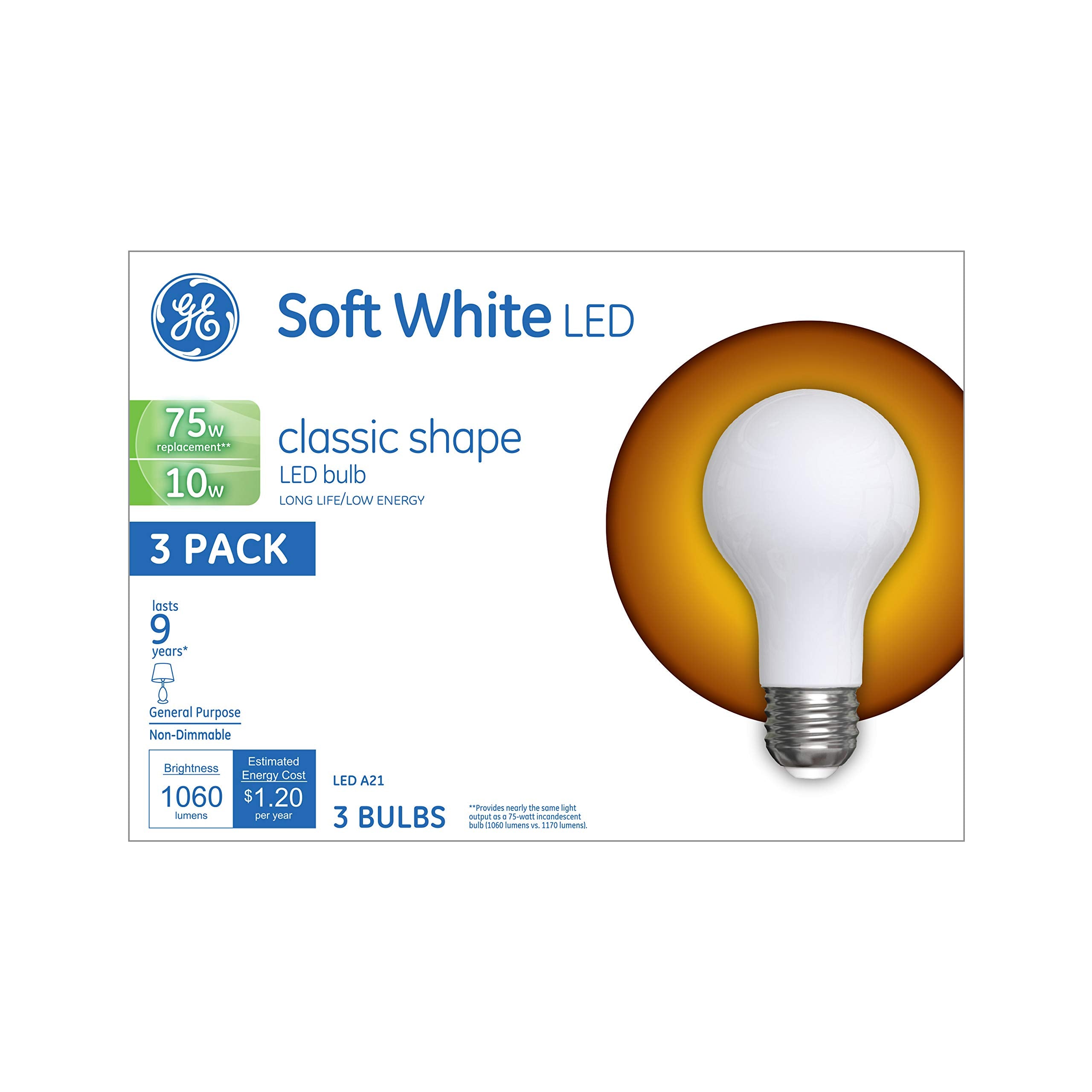 Ge Led Light Bulbs, 75 Watt, Soft White, A21 (3 Pack)