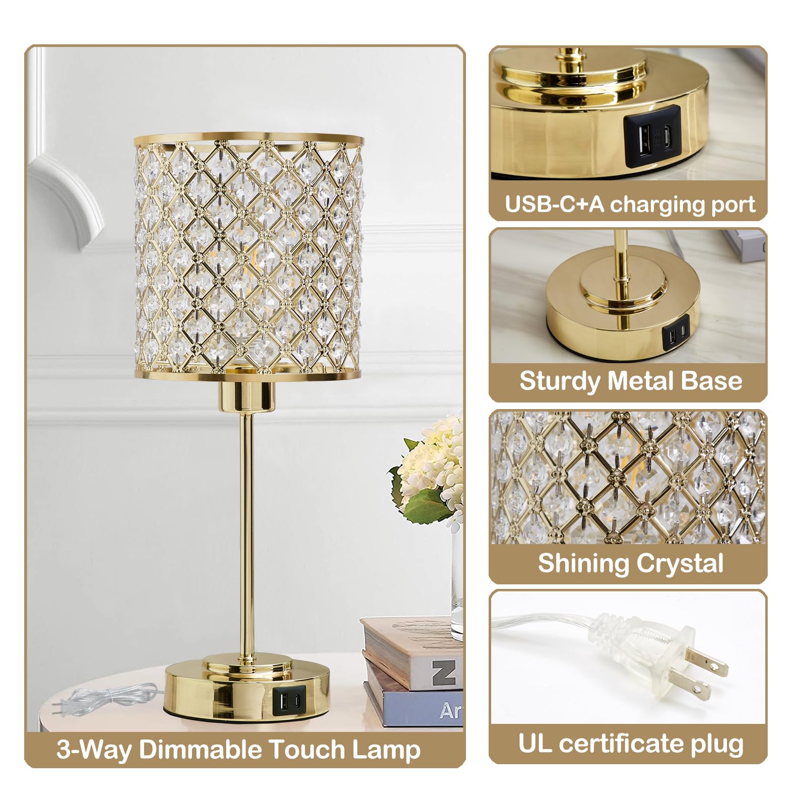 Crystal Touch Control Table Lamp With Usb-C+A Charging Ports 3-Way Dimmable Nightstand Lamp Set Of 2 Crystal Decorative Bedside