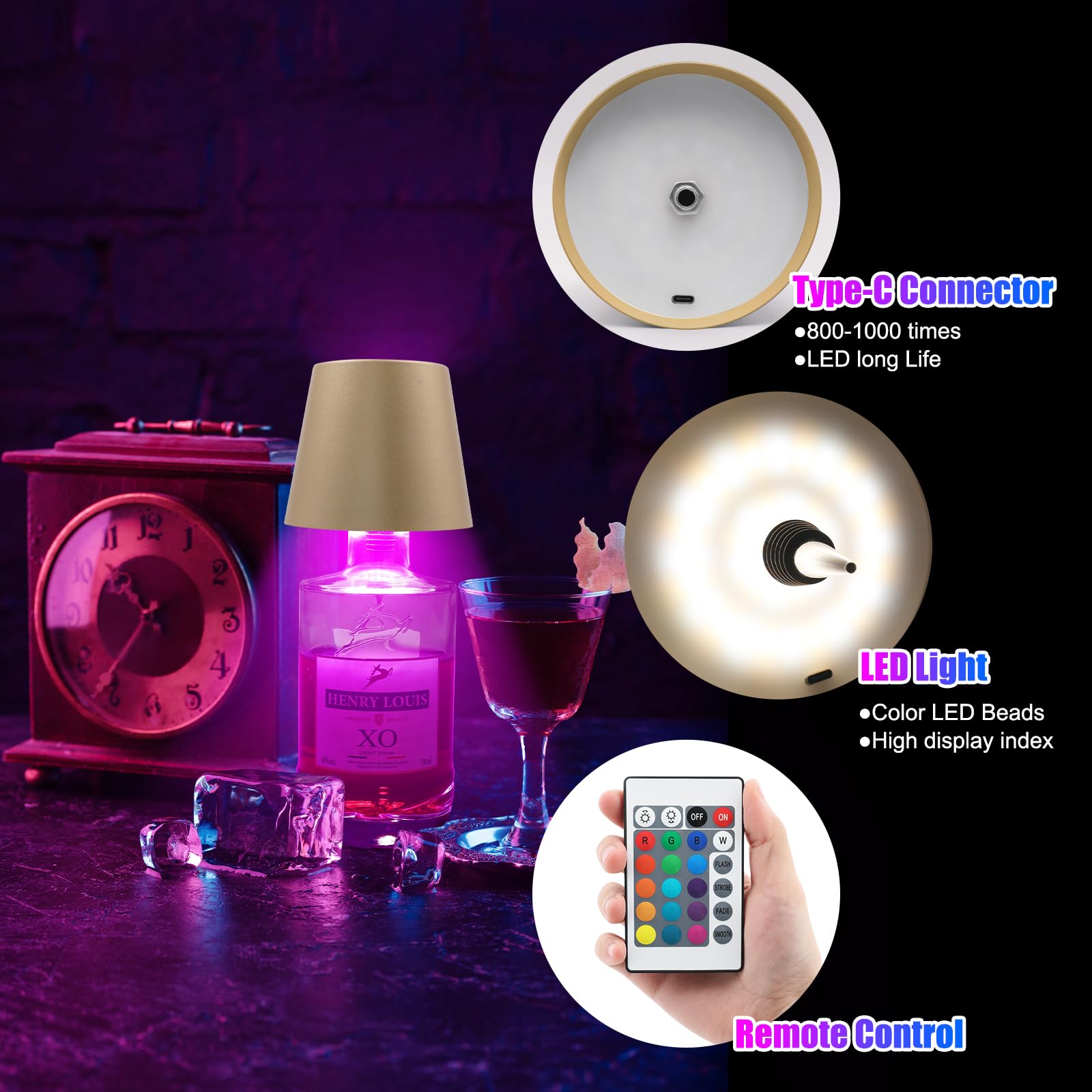 Wireless Bottle Lamp With Remote Control  Rechargeable Rgb Wine Bottle With 3Modes Light Dimming  Waterproof Touch Lamp Head For Room  Bar  Restaurant And Party Decorations(Gold Rgb)