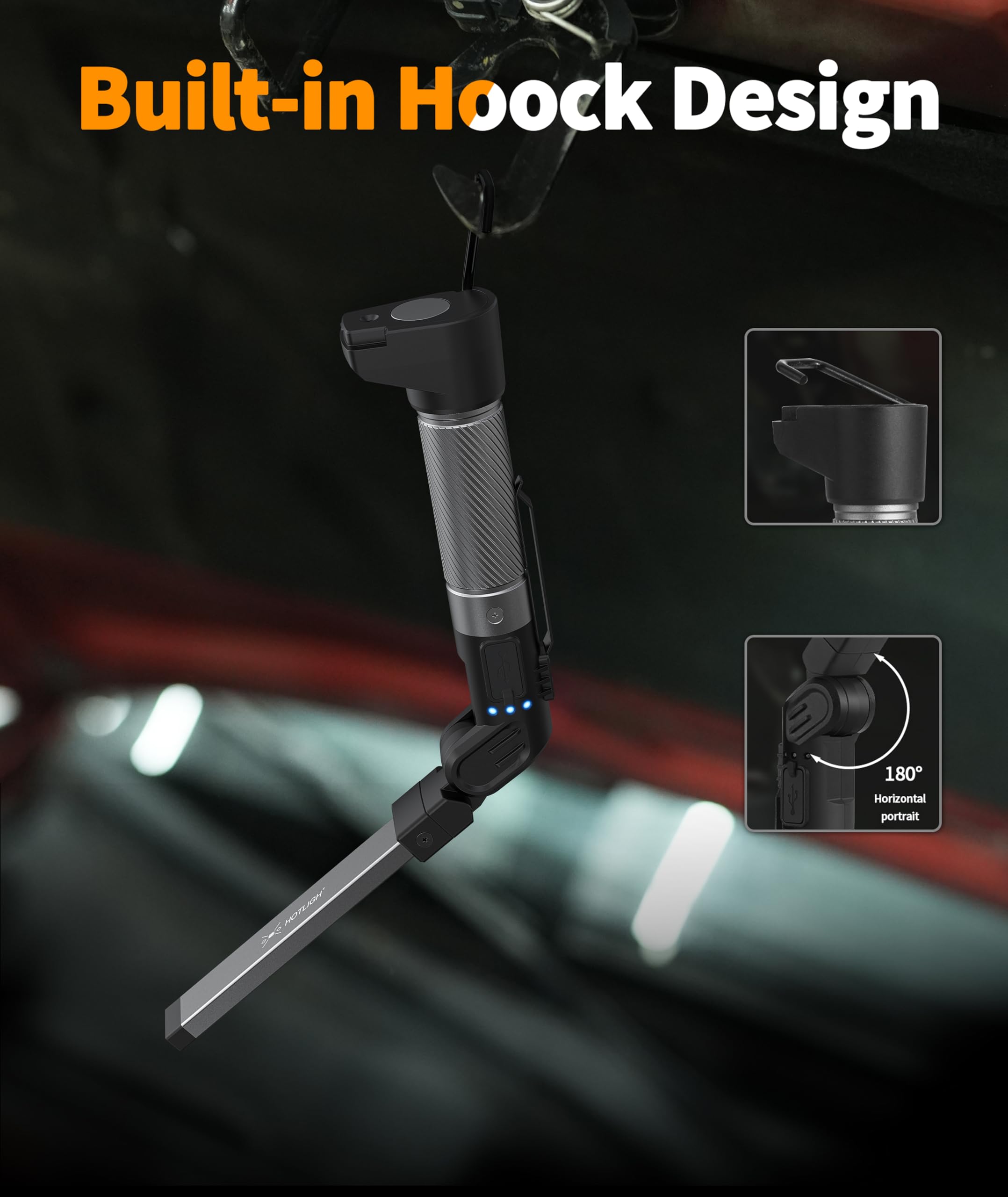 Hotligh Magnetic Light - 800 Lumens Work Light With Multifunctional Foldable Design  2200 Mah Magnetic Flashlight  3 Lighting Modes Mechanic Flashlight For Car Repairing/Emergency  2 Pack