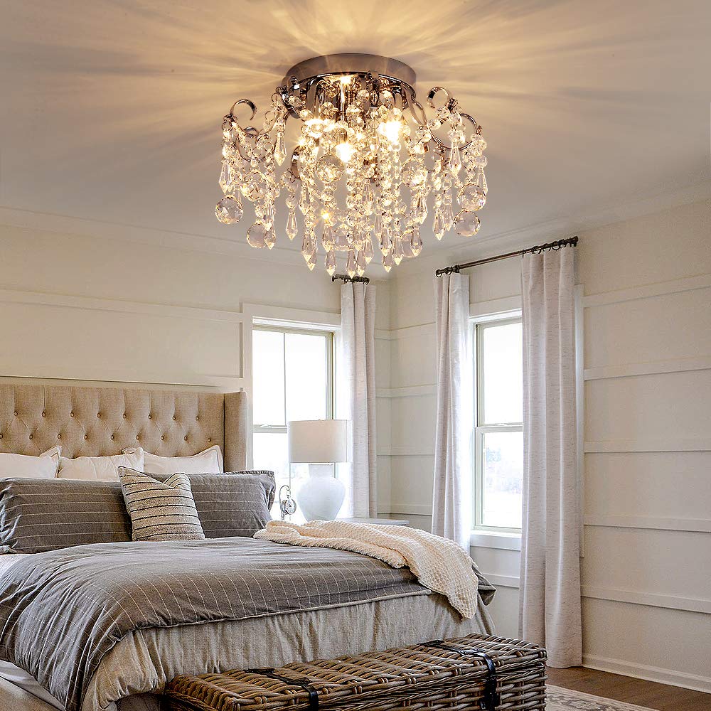 Q&S 3-Light Small Crystal Chandelier Flush Mount Ceiling Light, Chrome Iron Fixture for Bedroom, Hallway, Entryway, Model P2001-3