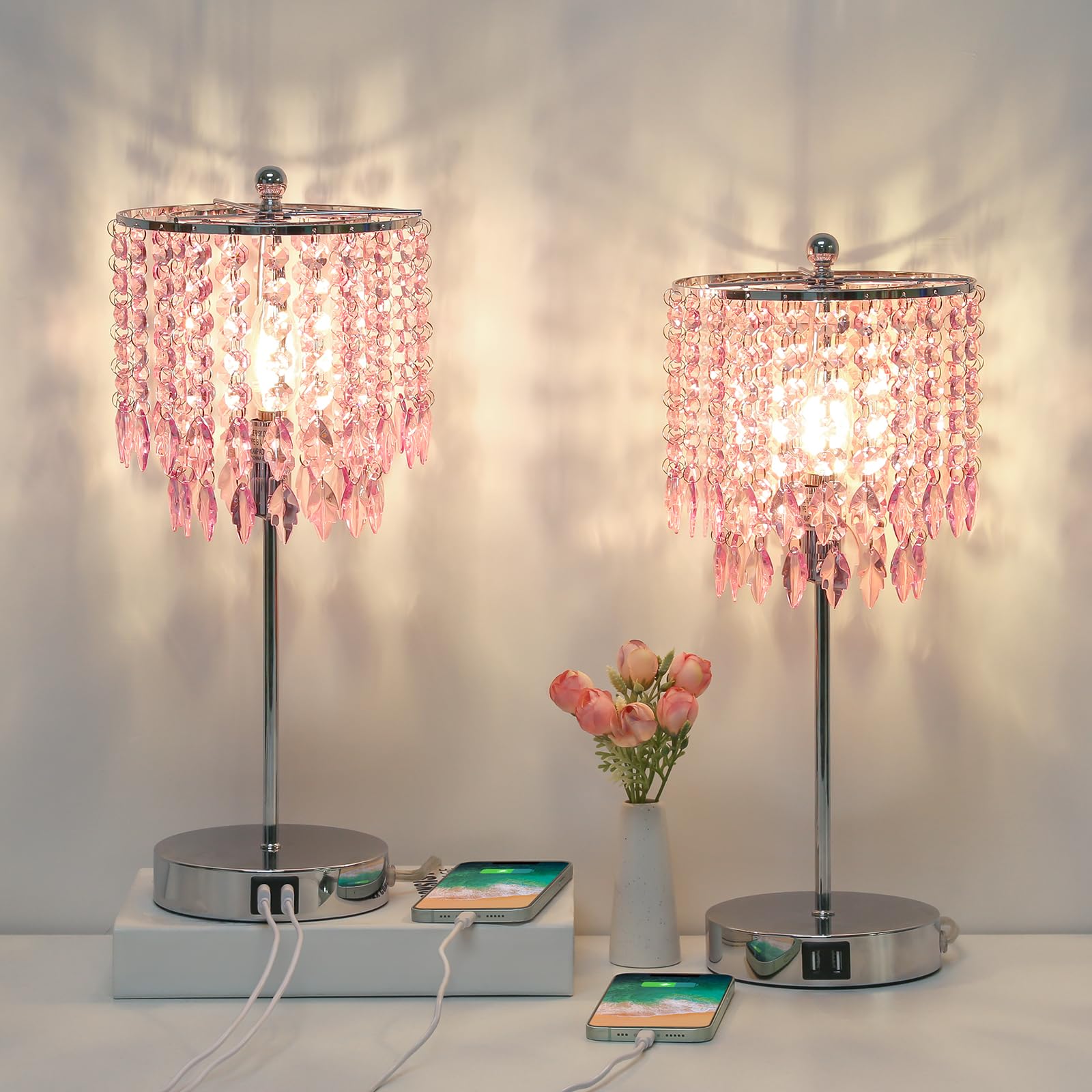 Boncoo Pink Crystal Table Lamp, Touch Control, 3-Way Dimmable, Dual USB Ports, LED Bulb Included