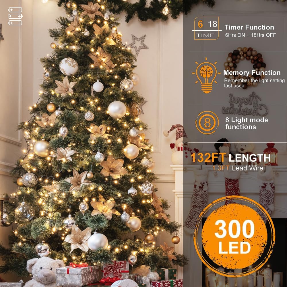 Quntis Battery Powered Christmas Lights Outdoor, 132Ft 300 Led Battery Christmas String Lights Waterproof 8 Modes Xmas Tree Ligh