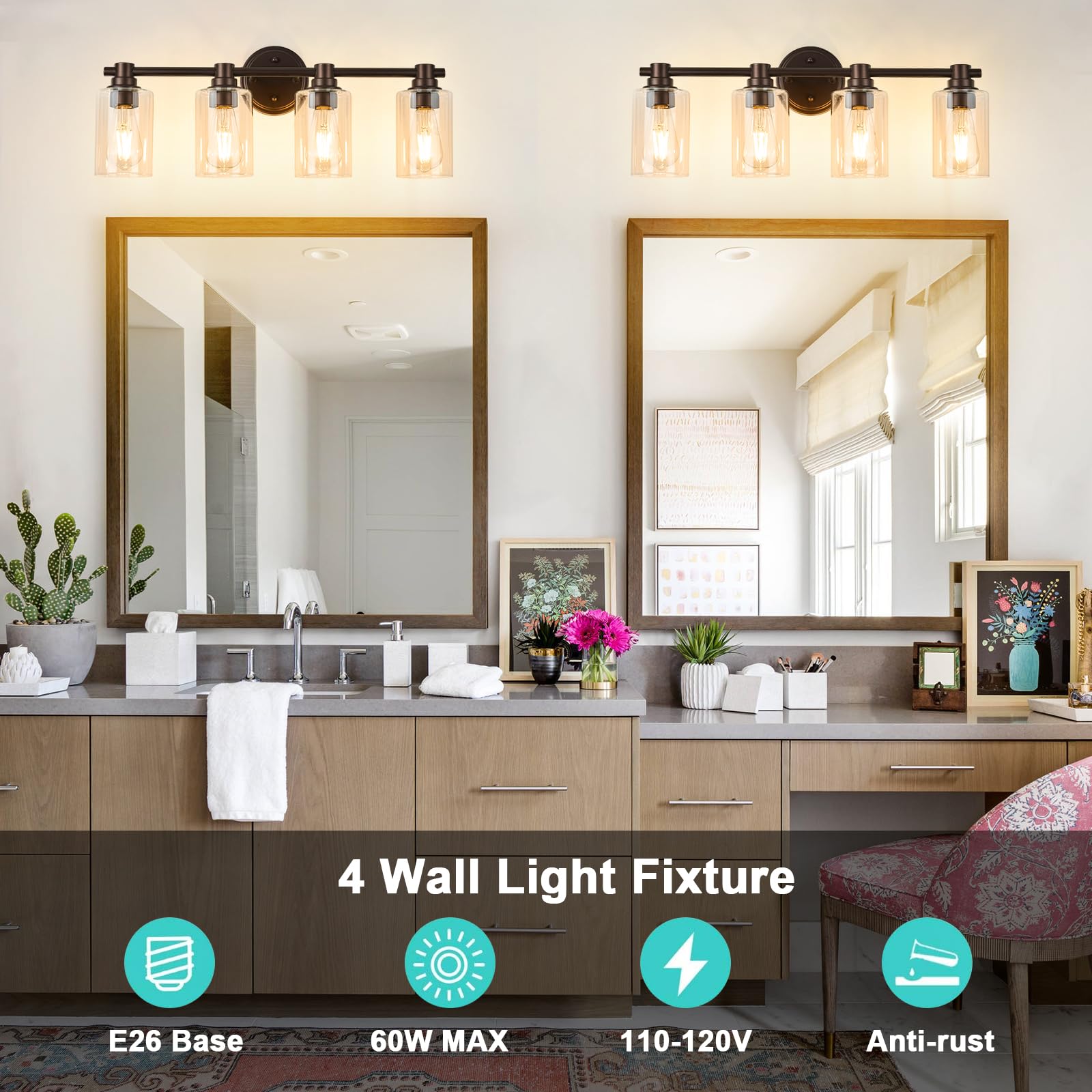 Alaislyc 4-Light Bathroom Wall Sconce, Oil-Rubbed Bronze With Clear Glass For Vanity & Living Room