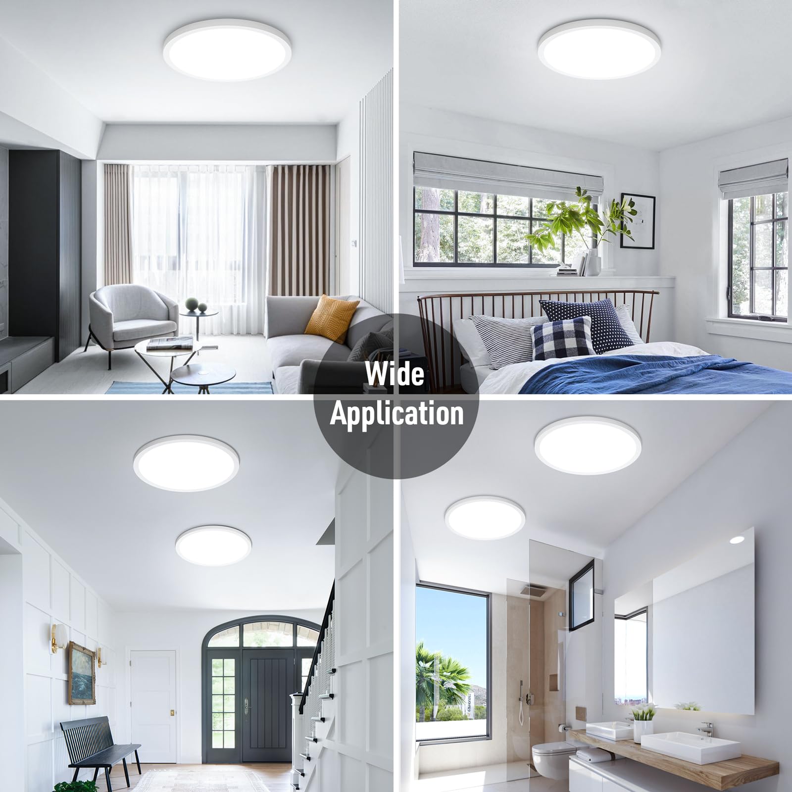Sunrider 2-Pack Led Flush Mount Ceiling Light Fixture, 6000K Cool White, 2400Lm, 12 Inch 24W 240W Equiv. Round Flat Ceiling Ligh