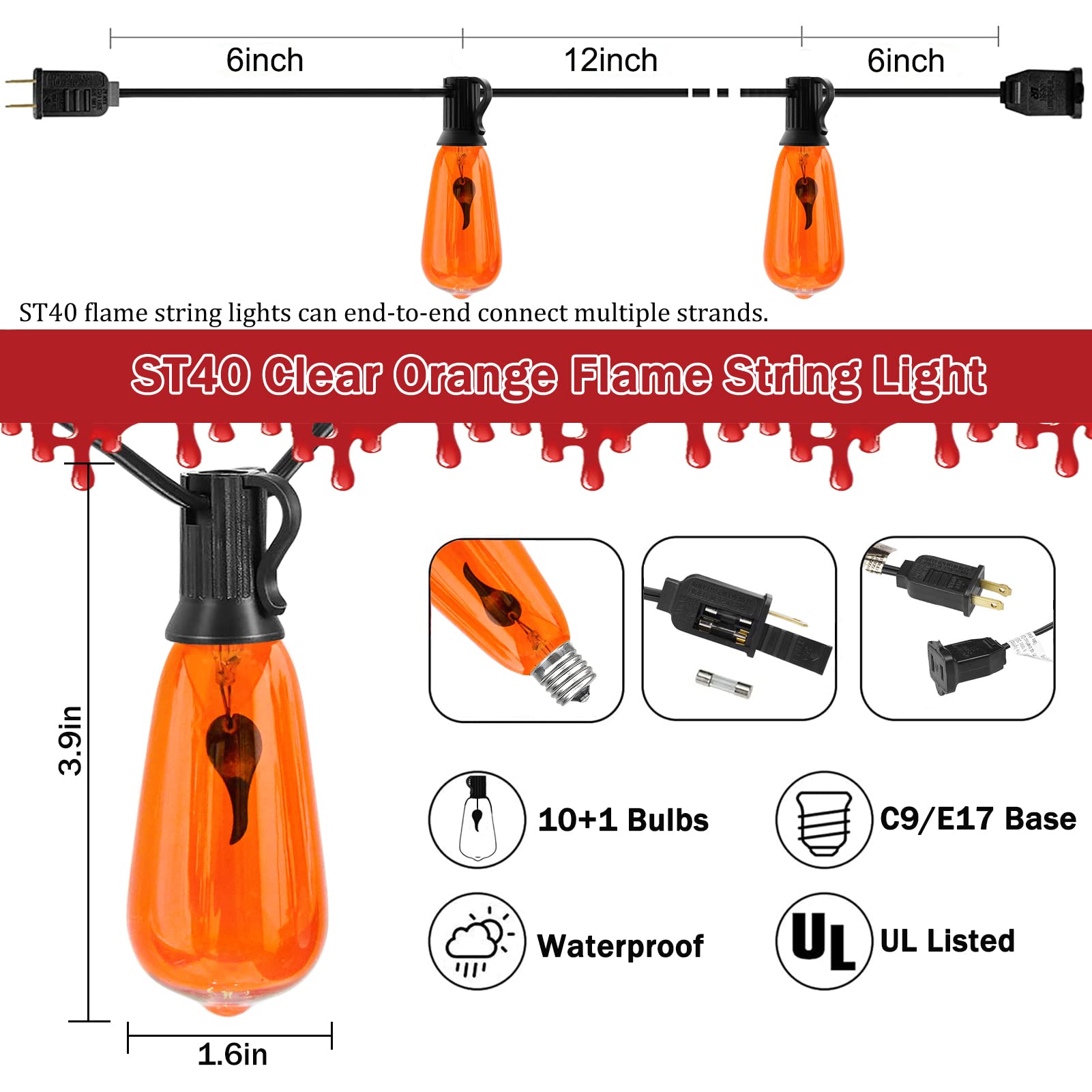 Cbebew 10Ft Halloween Flicker Flame String Lights, 10 Orange Edison Bulbs For Outdoor Decor