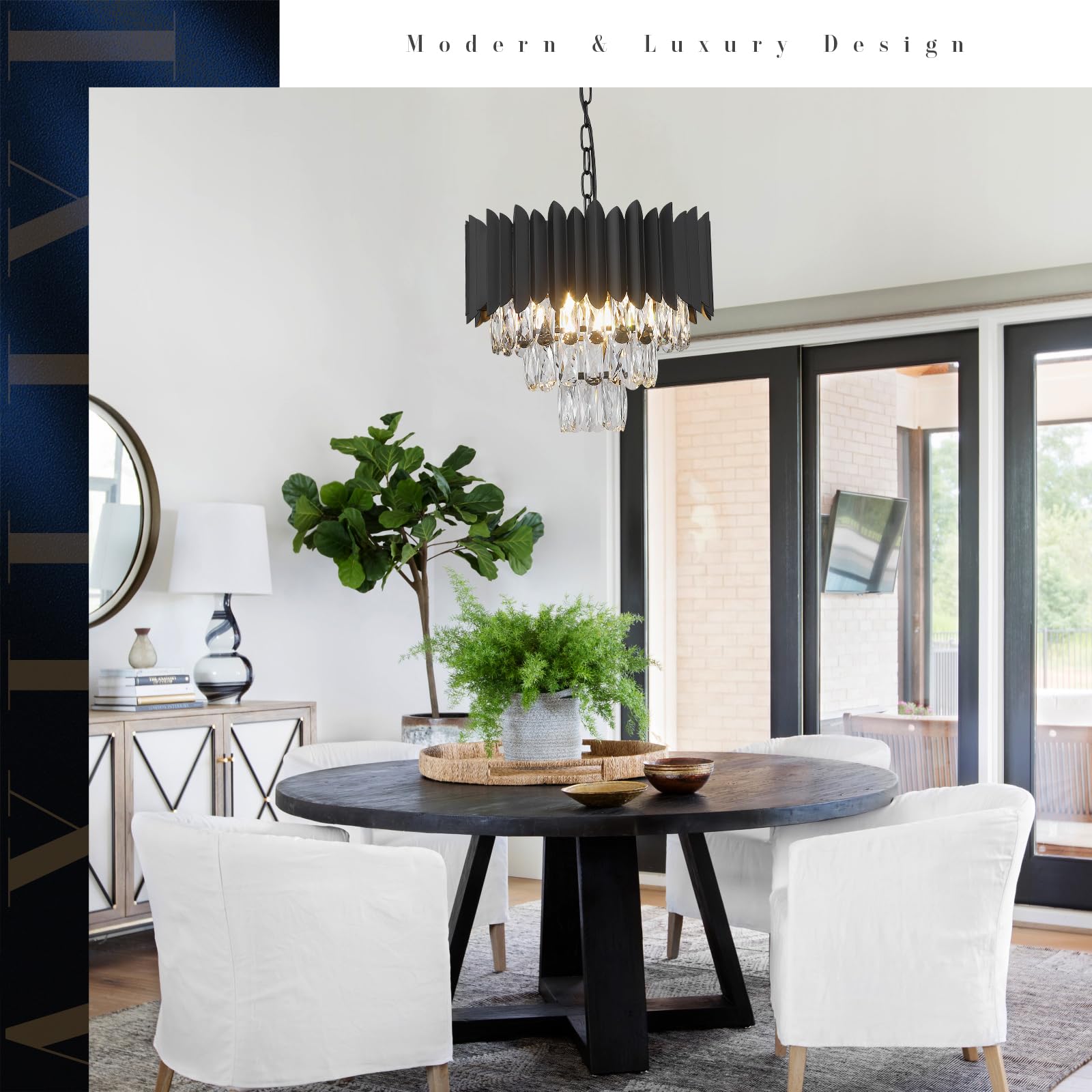 A AXILIXI 16” Black Crystal Chandelier - Contemporary 3-Tier Flush Mount Light Fixture for Dining Room, Foyer, Kitchen, Model DH88511BK-600