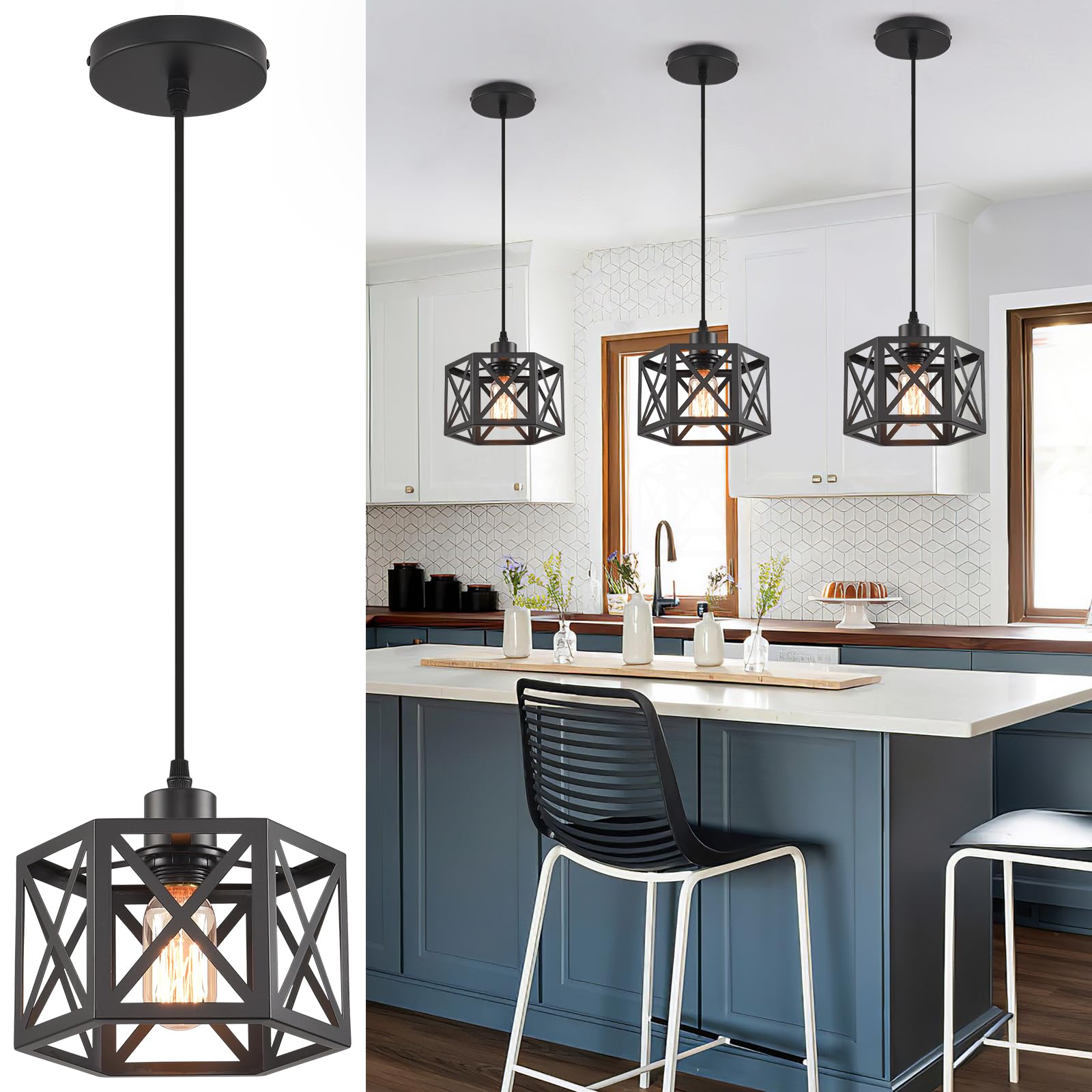 CAFULAM Farmhouse Pendant Light Fixture - 2 Light, Metal, Adjustable Height, Black Hexagon Lantern for Kitchen Island
