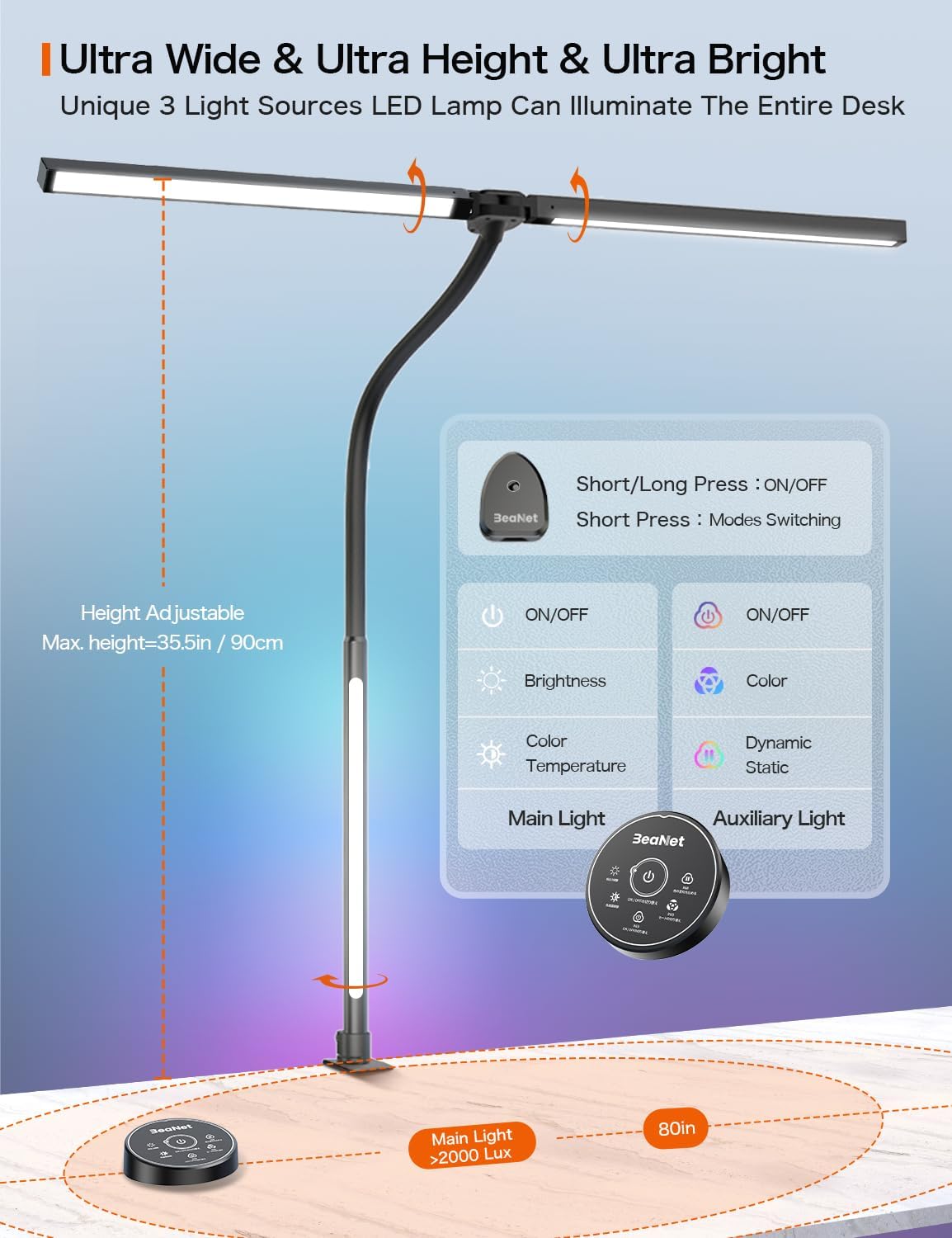 Beanet LED Desk Lamp with Clamp, 24W Ultra Bright, RGB Lighting, Remote Control, Model BNT-DEL03A, Black