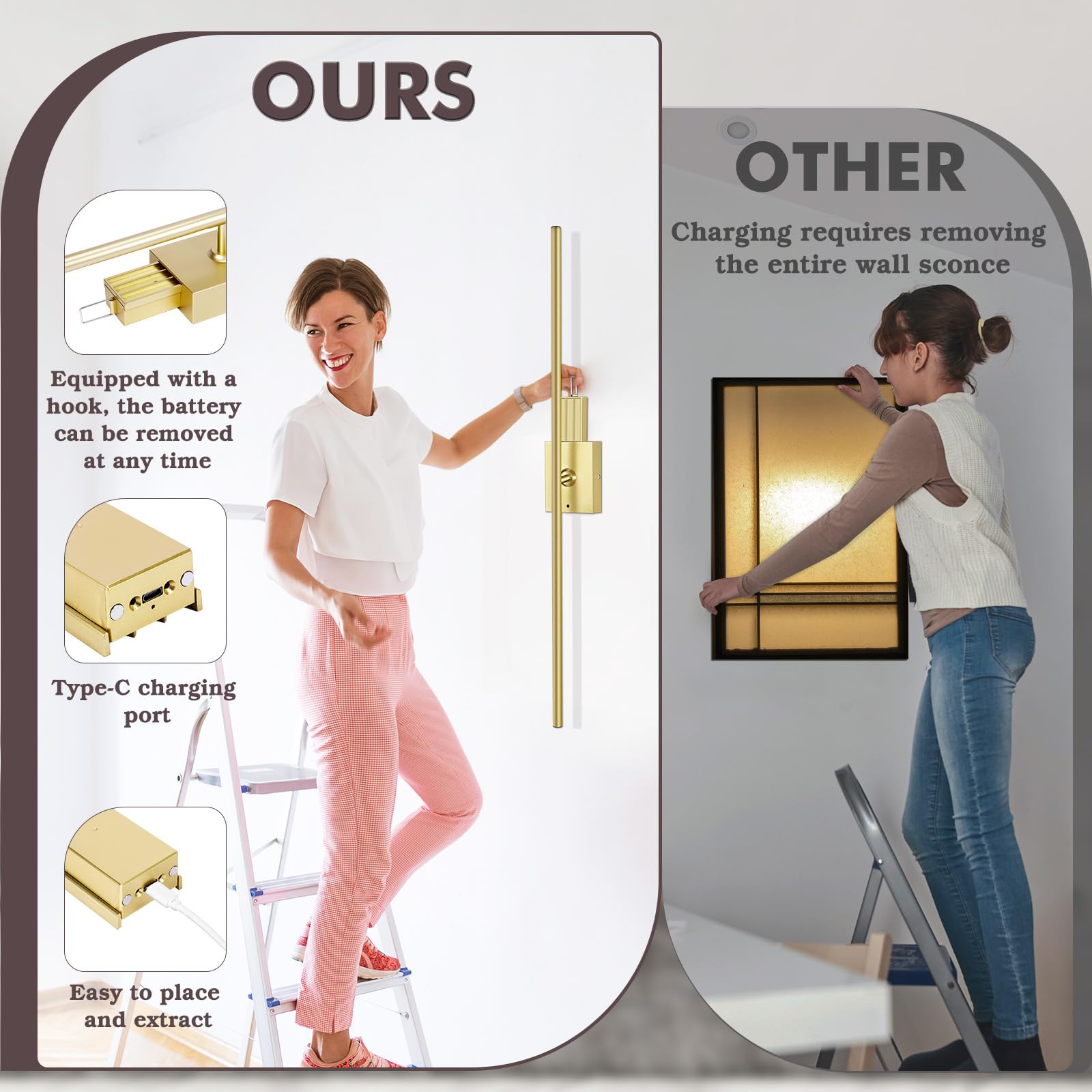 Battery Operated Wall Sconce with Remote Control, Set of Two Dimmable Battery Removable Wall Lamp, Four Color Temperature LED Re