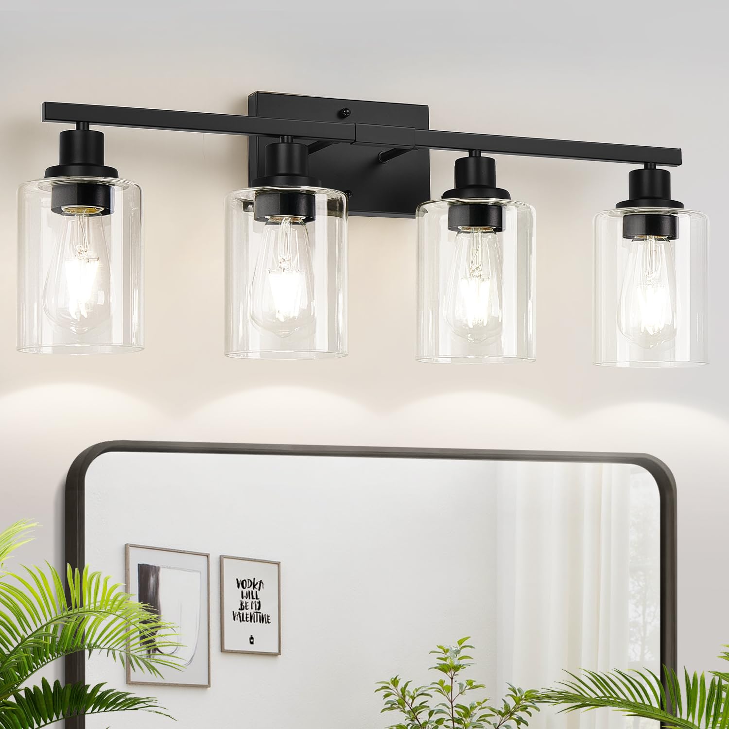 MOKATNG 4-Light Bathroom Light Fixtures  Vanity Light with Clear Glass Shades  Matte Black Bathroom Light Fixtures Over Mirror  Modern Bathroom Wall Lamp for Mirror Living Room Cabinet Bedroom