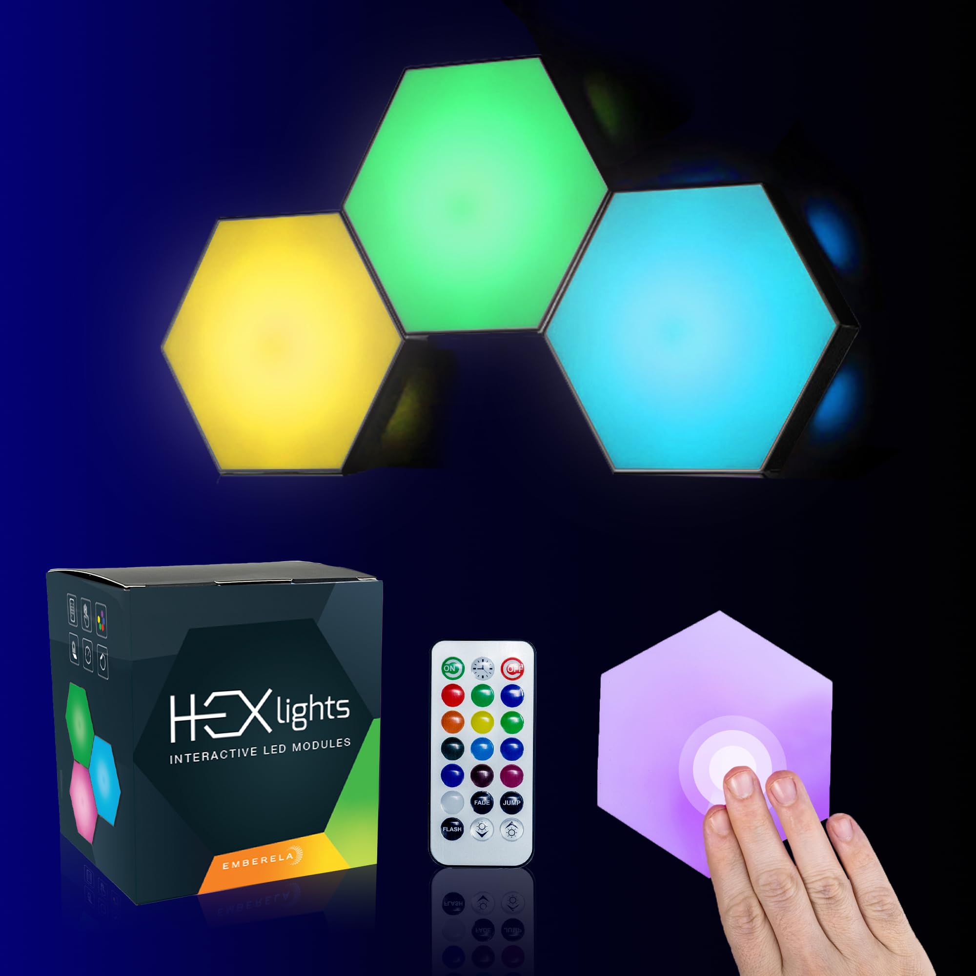 Emberela HEXlights 3-Pack Hexagon Lights, Touch and Remote Controlled RGB Wall Panels - LED Light Panels for Living Room, Bedroo