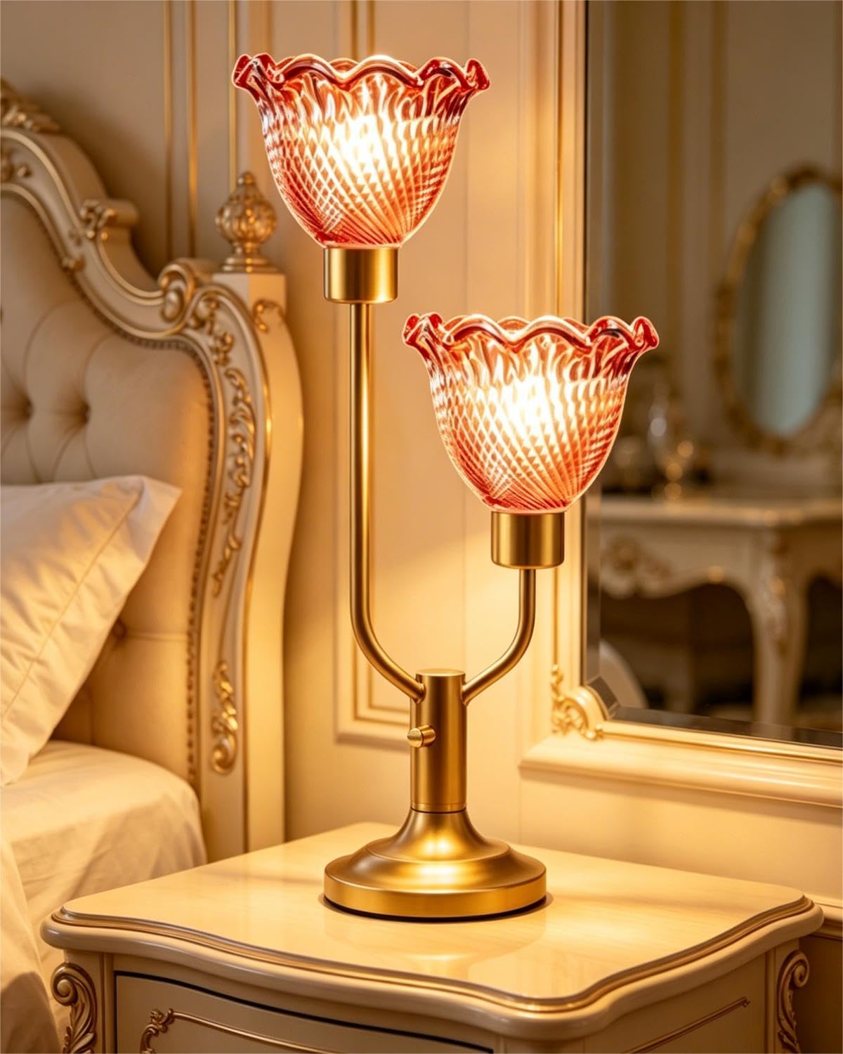 Lightdot Flower Glass Red Table Lamp Dimmable Mid Century Modern Vintage Gold Desk Lamp Nightstand Lamp 2 Bulbs Included Warmwhi