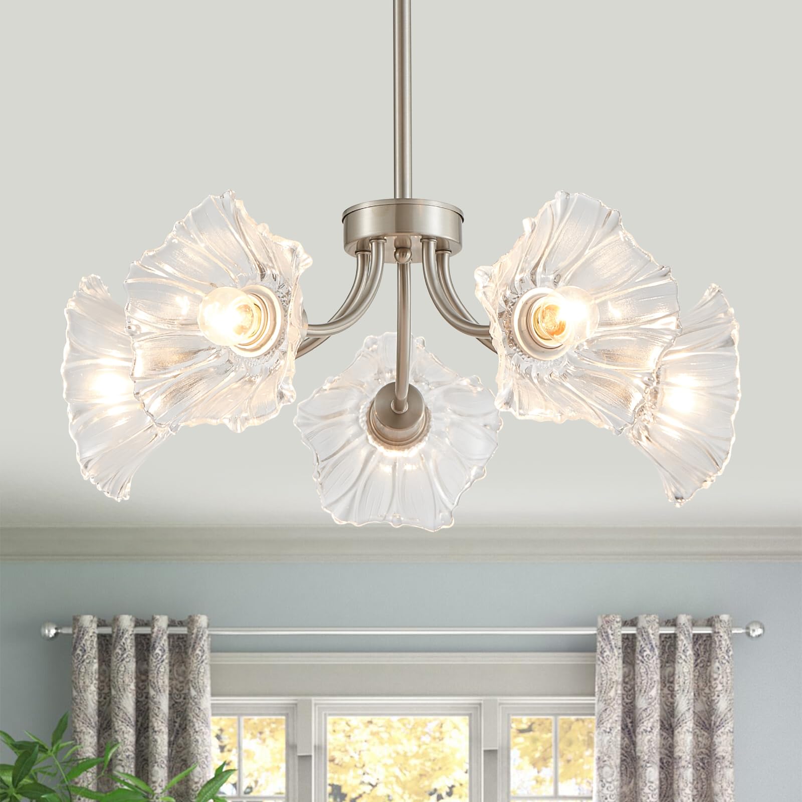 Majhoiw 22 Modern Glass Chandelier Farmhouse Flower Pendant 5-Light Brushed Nickel Dining Room Lighting Fixture with Adjustabl