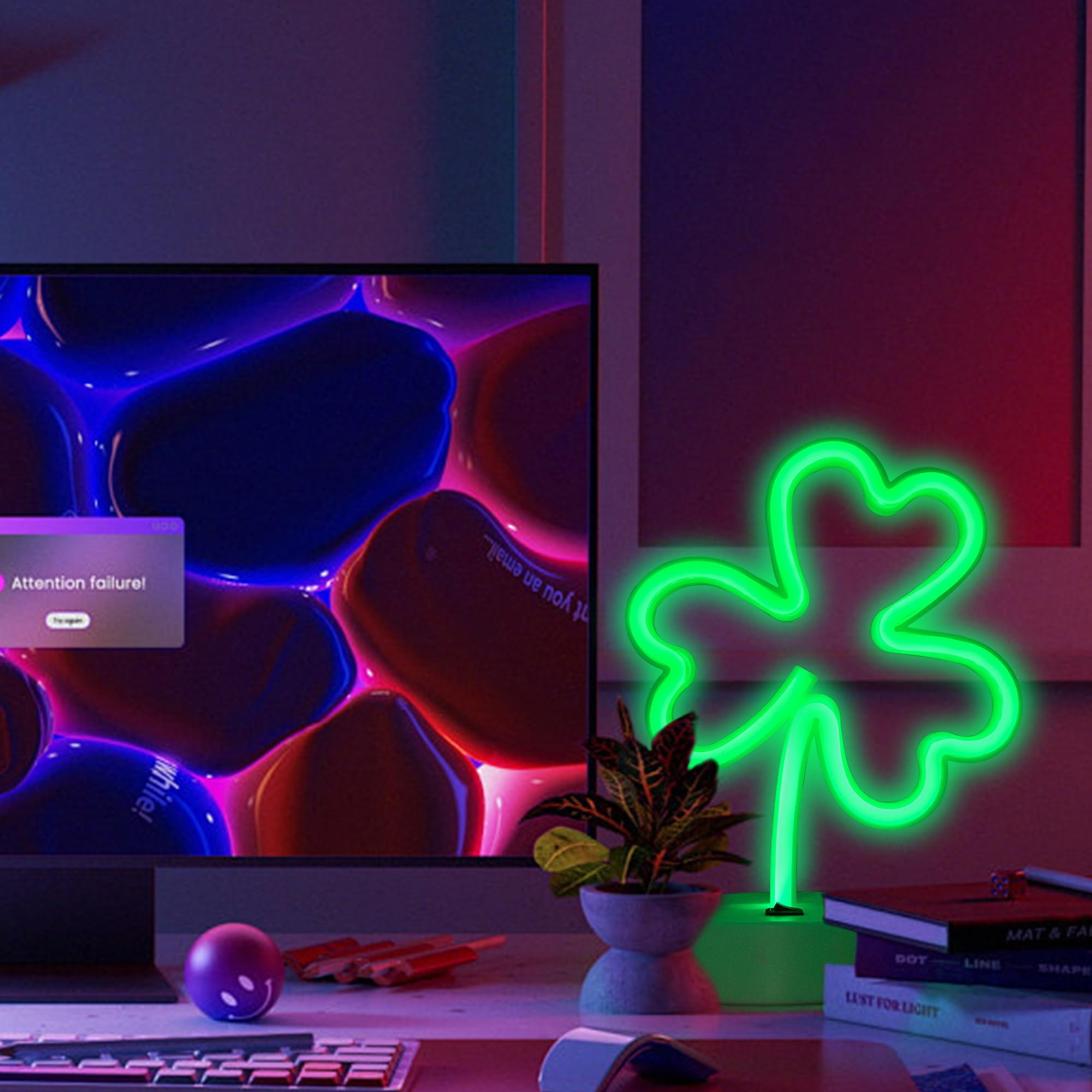 ENUOLI LED Neon Sign - Green Clover Night Light, USB & Battery Powered, Plastic, Model yNH.Z033