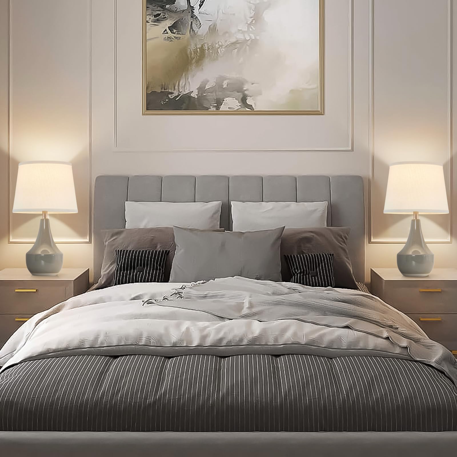 Gyrovu Grey Ceramic Table Lamp Set Of 2 With White Lampshade & Led Bulbs For Living Room & Bedroom