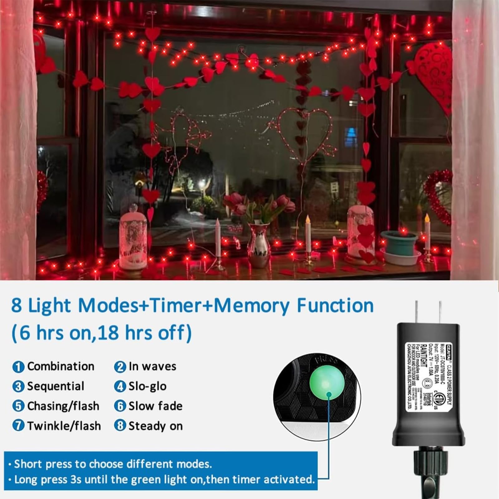 YEGUO 66ft 200 LED Red Christmas Lights, Waterproof Green Wire, 8 Modes, Indoor/Outdoor, Model JT-EL/FC300V0200-C