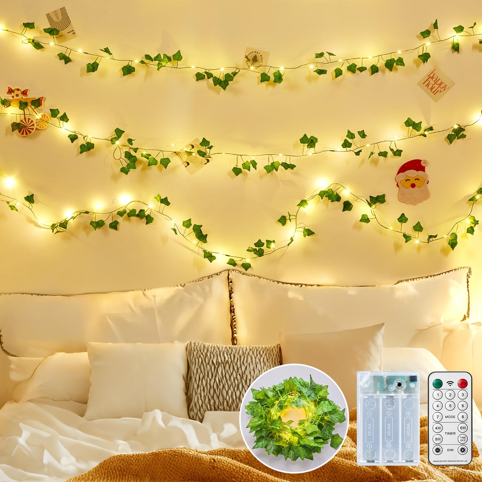 Minetom Vine Lights For Bedroom  21Ft 60Led Fairy Lights Battery Operated With Remote Control  8 Lighting Modes Ivy Vines String Light For Bedroom Room Wall Wedding Christmas  Warm White
