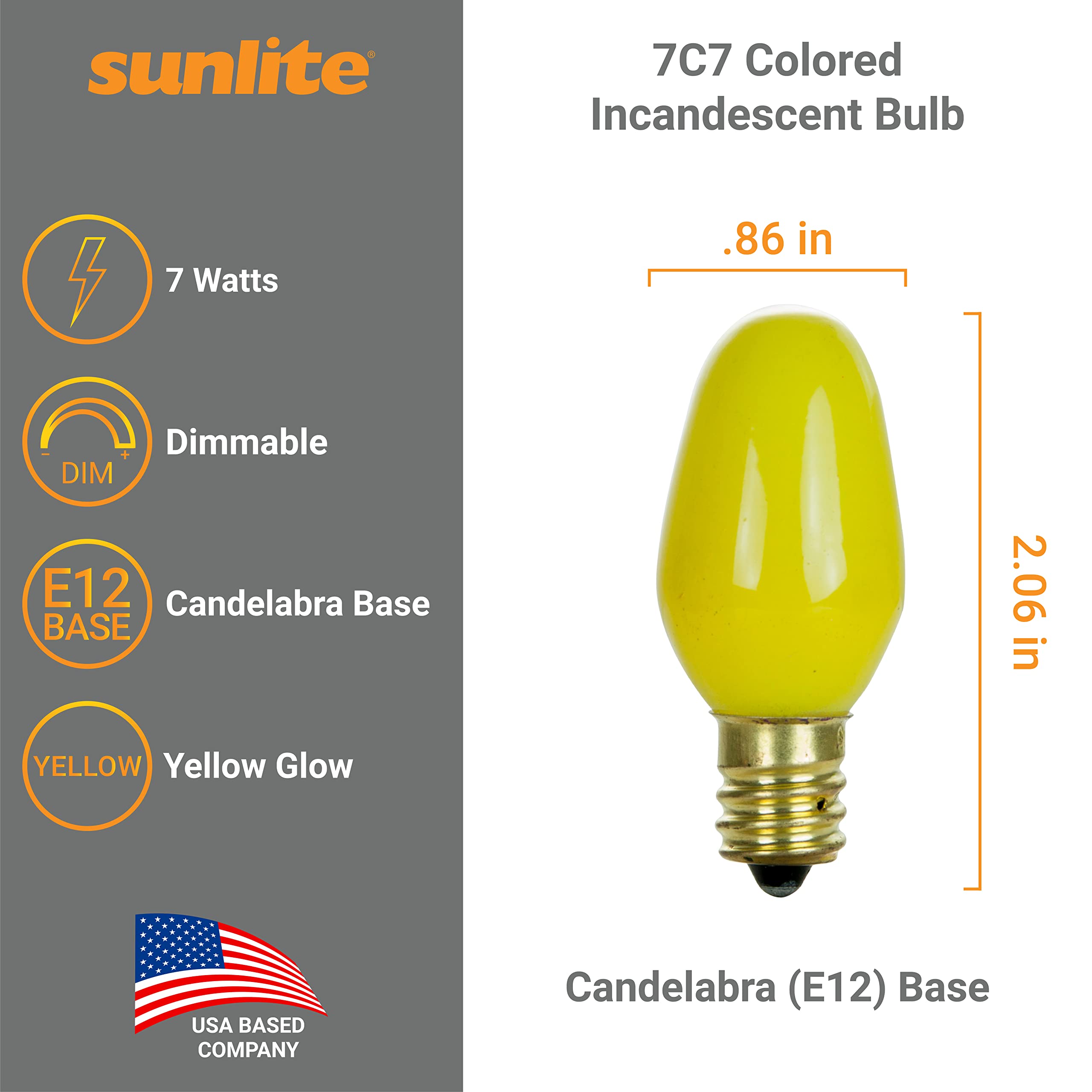 Sunlite 01061 7C7 Incandescent Bulb, 7 Watt, Candelabra E12 Base, C7 Small Night Light, Colored Bulb, Yellow, 12 Count