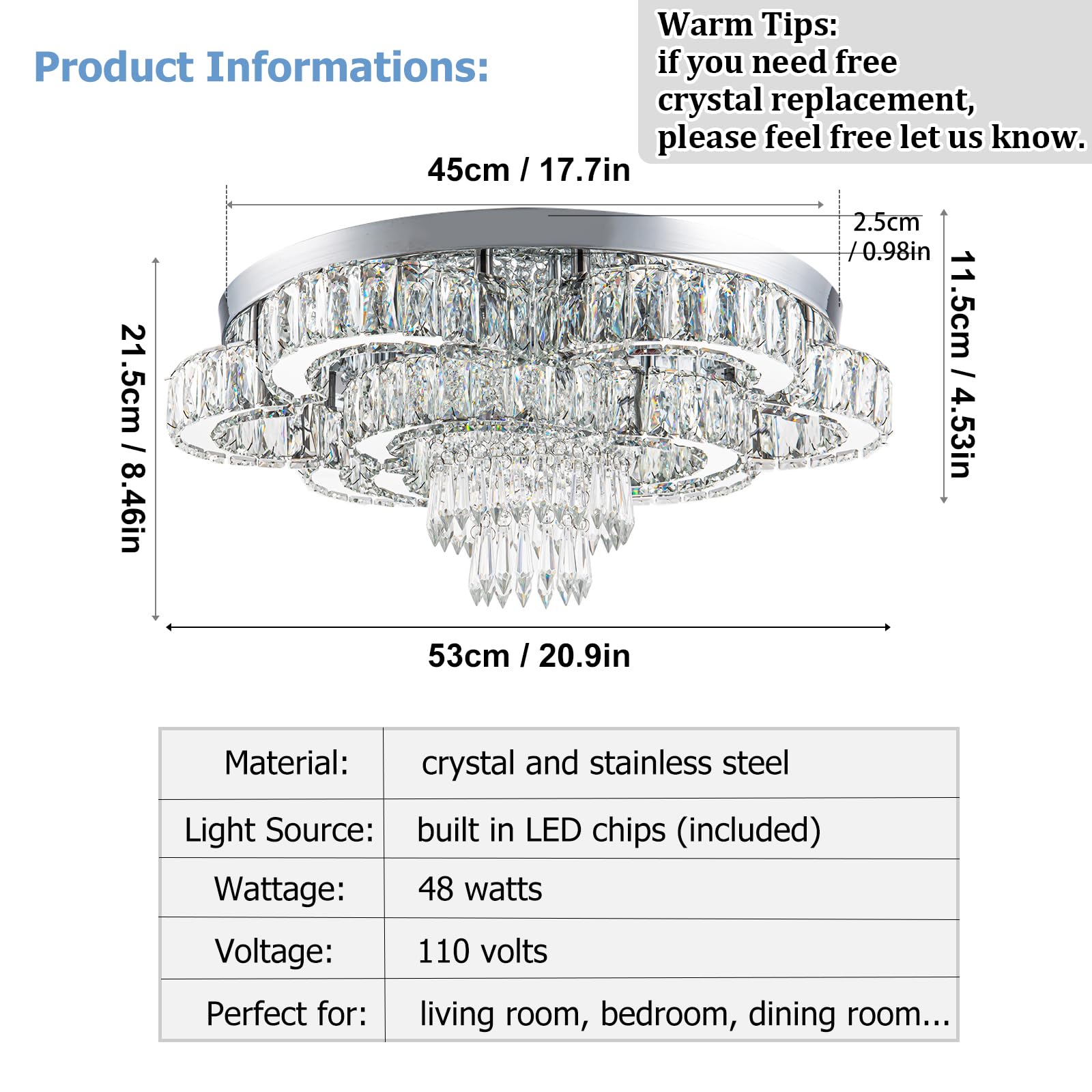 HongnuoFc Crystal Chandelier LED Flush Mount Light, 21 Inch, Stainless Steel, Cool White, Model HN-US-500DLHBJZ